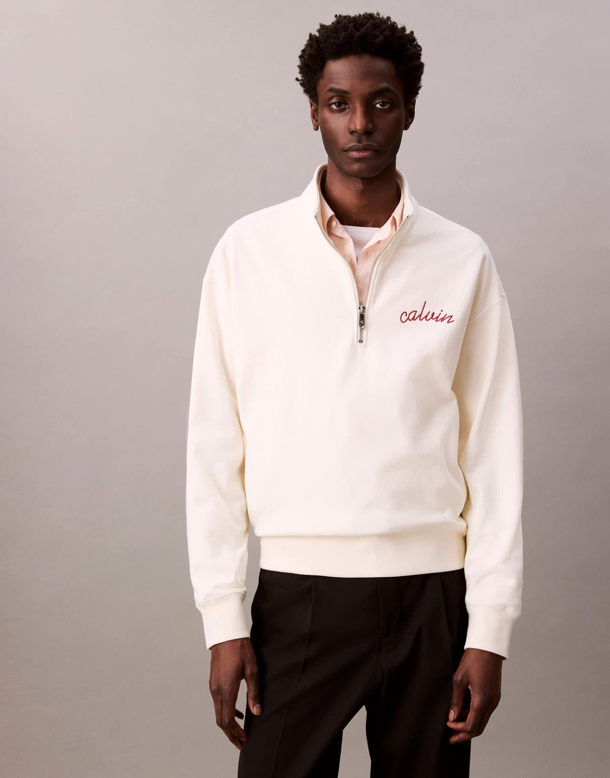 Calvin Klein Jeans embroidered chest logo 1/4 zip sweatshirt in off white - ASOS Sample Sale