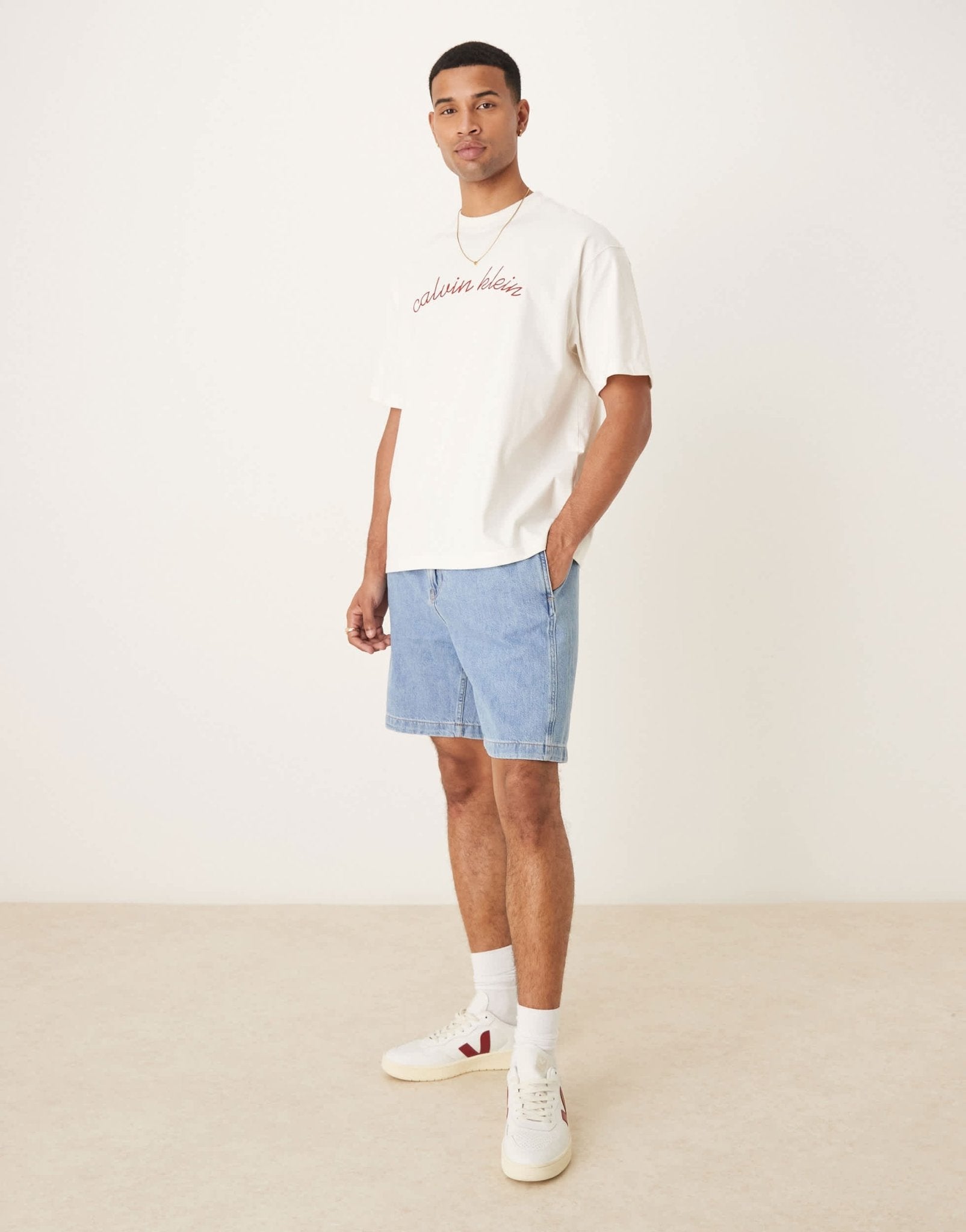 Calvin Klein Jeans relaxed pull on shorts in light blue wash - ASOS Sample Sale
