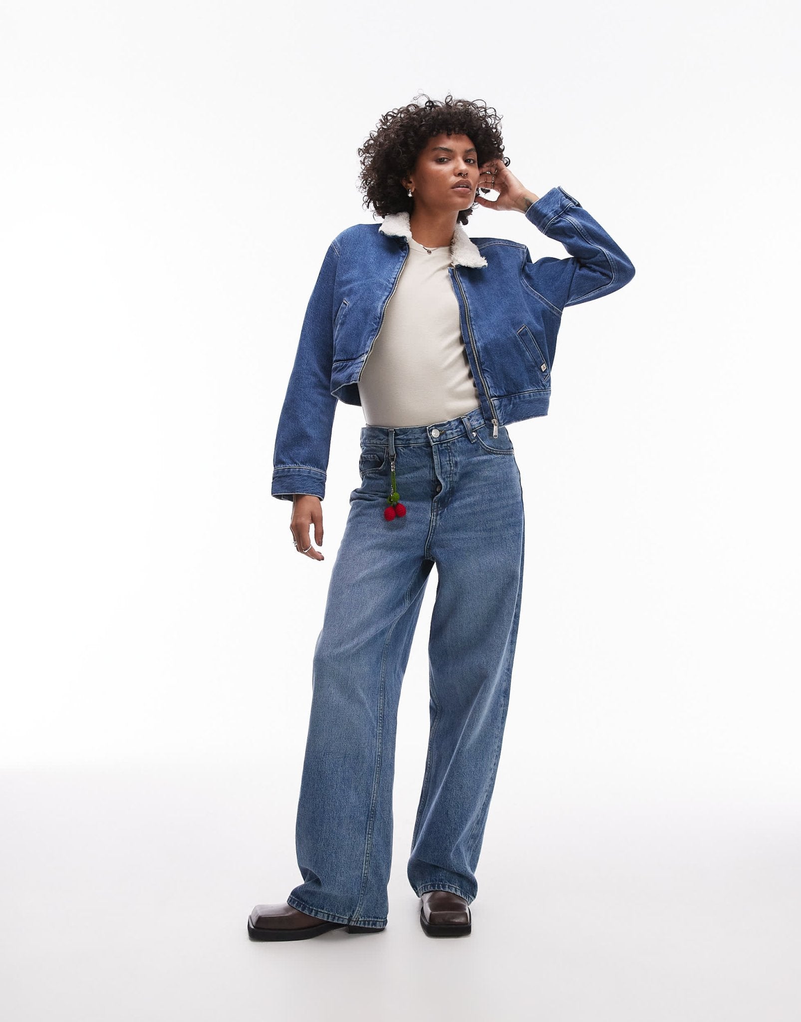 Calvin Klein Jeans sherpa collar zip thru denim jacket in mid wash - ASOS Sample Sale