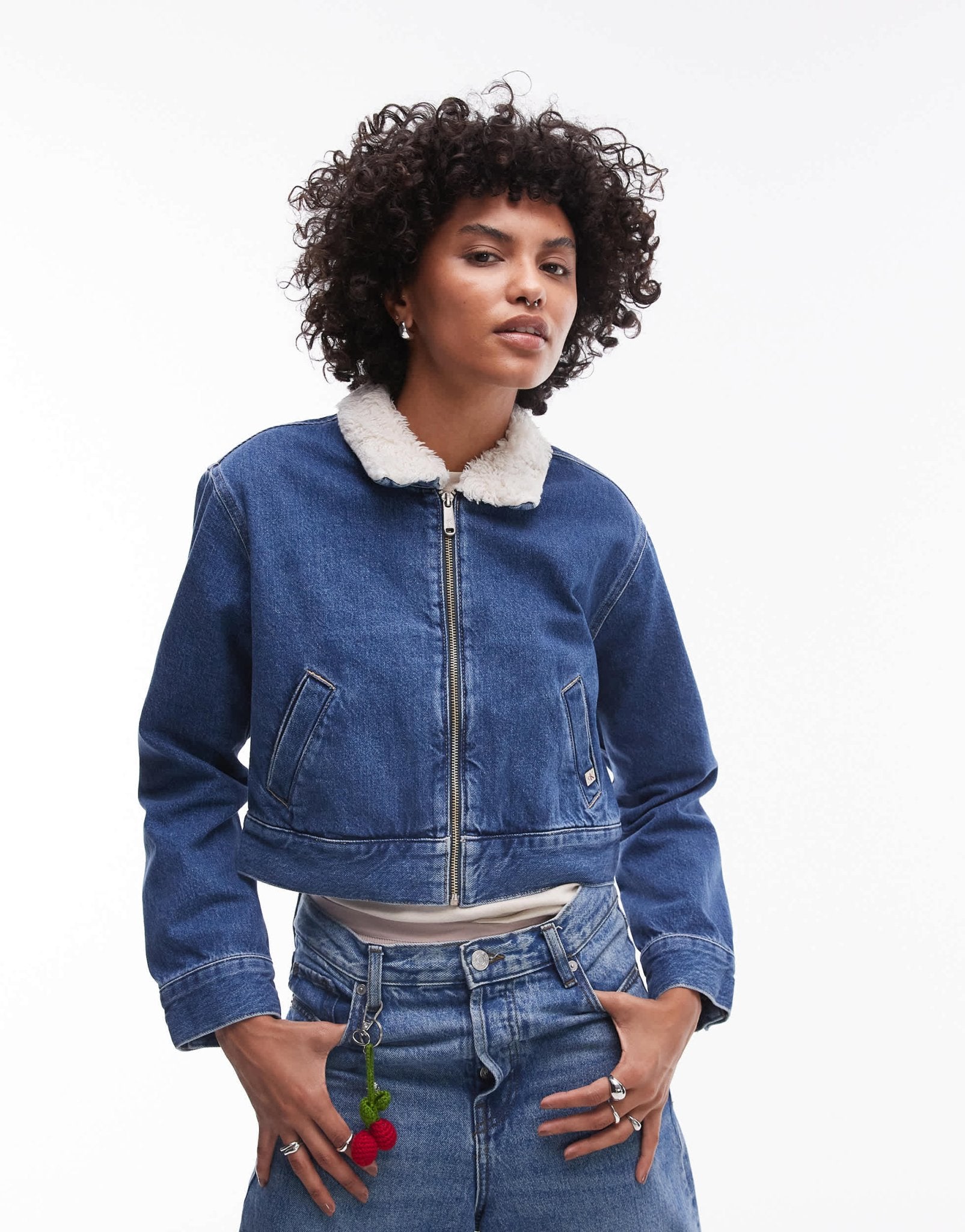 Calvin Klein Jeans sherpa collar zip thru denim jacket in mid wash - ASOS Sample Sale