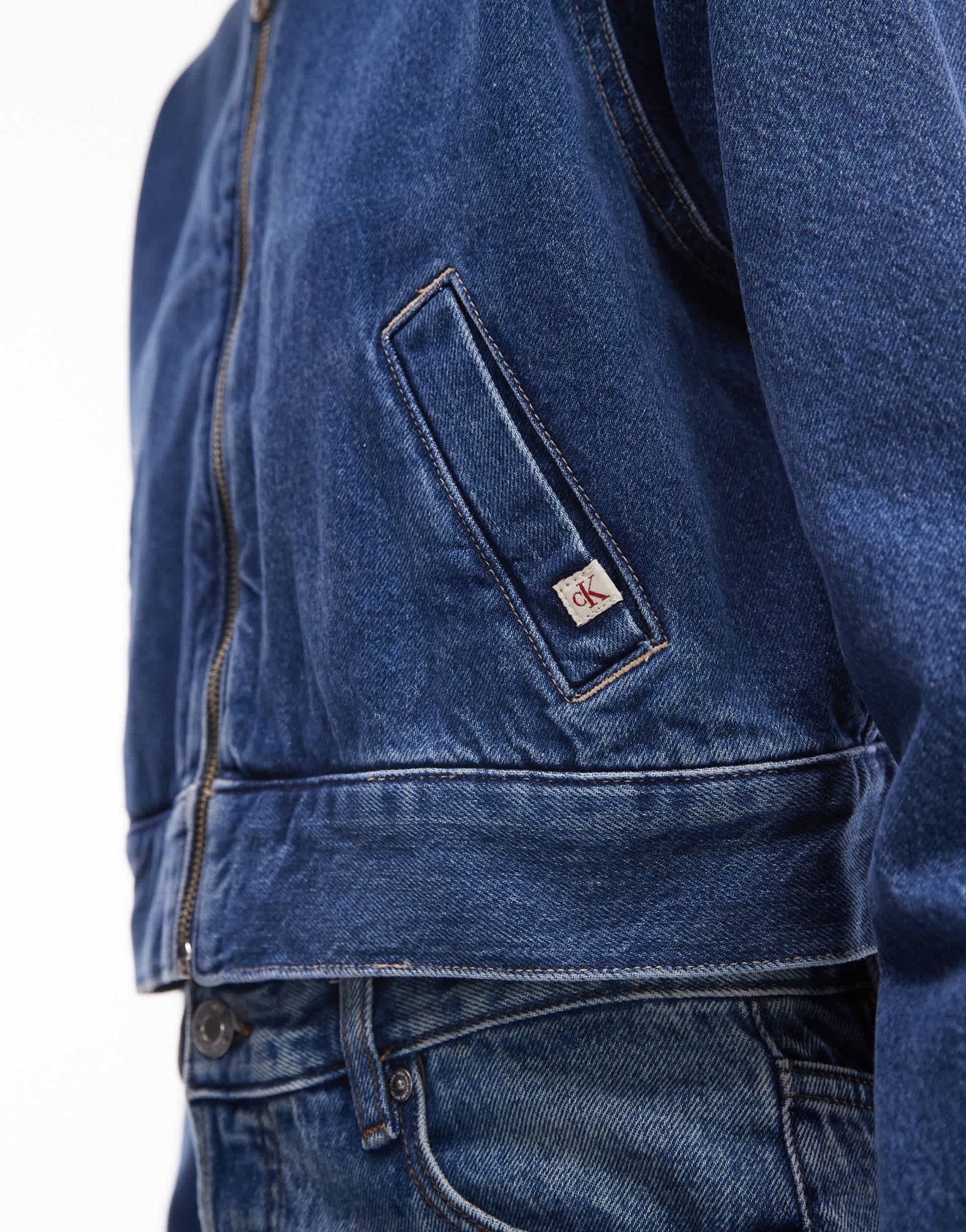 Calvin Klein Jeans sherpa collar zip thru denim jacket in mid wash - ASOS Sample Sale