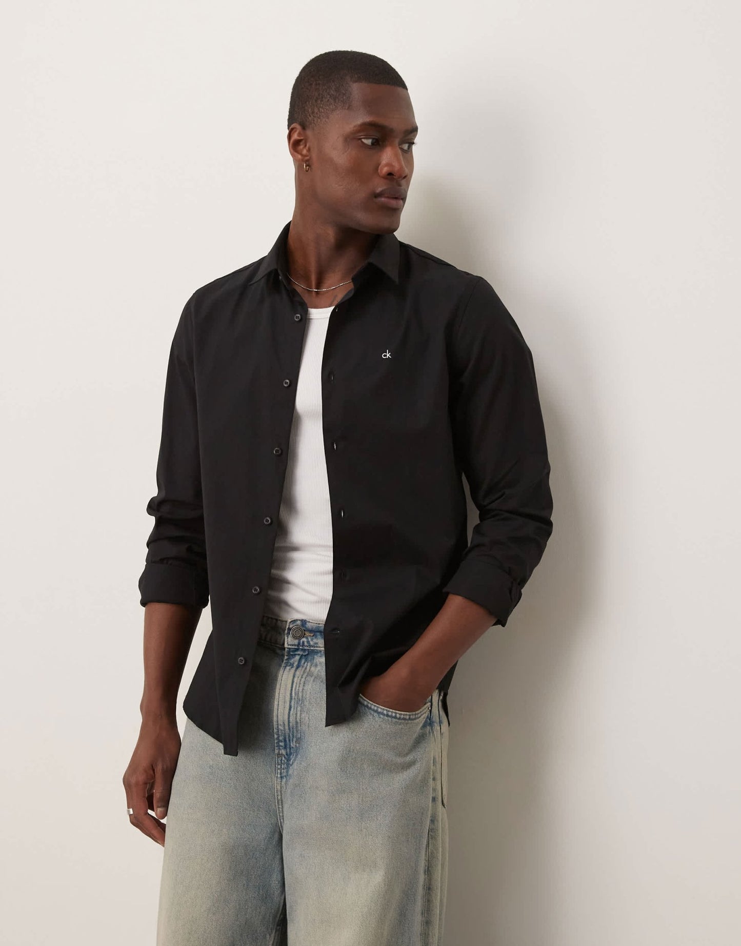 Calvin Klein slim fit stretch poplin shirt in black - ASOS Sample Sale