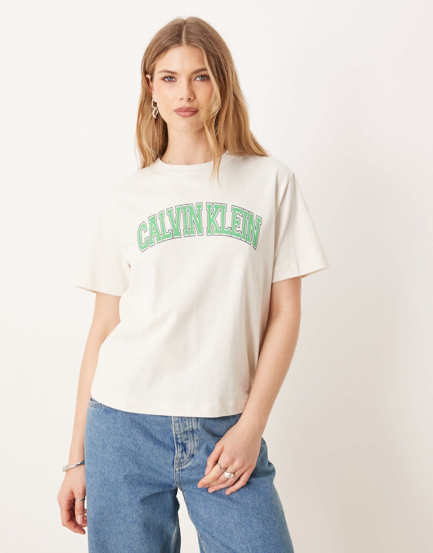 Calvin Klein varsity logo t-shirt in ecru and mint green - ASOS Sample Sale