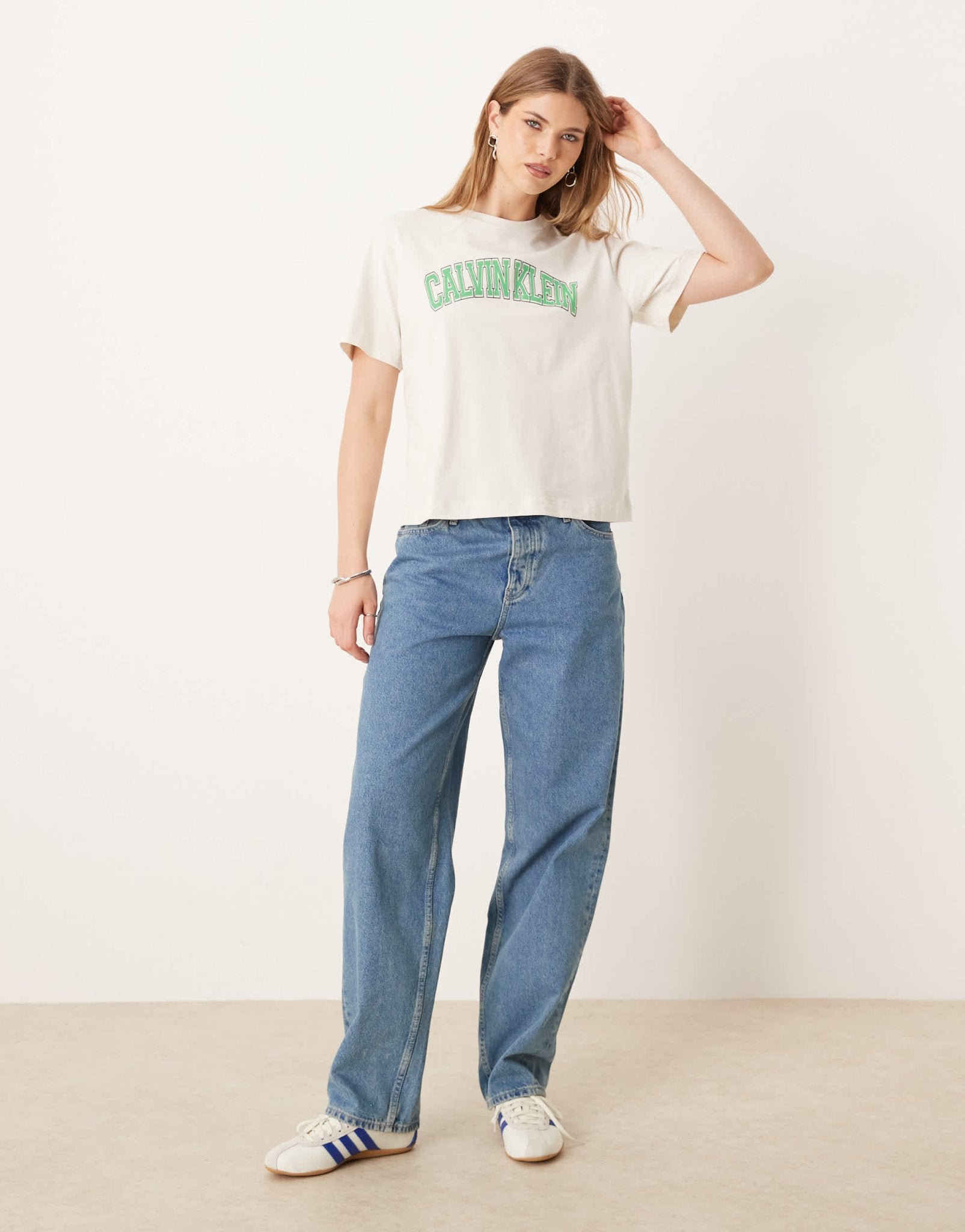 Calvin Klein varsity logo t-shirt in ecru and mint green - ASOS Sample Sale