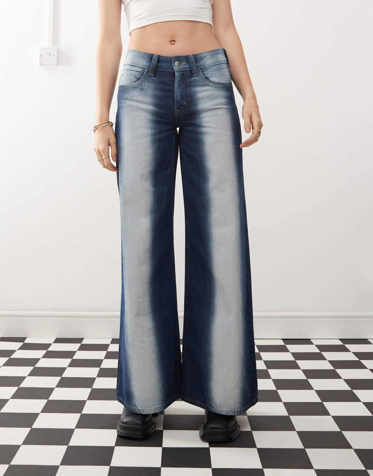 Cheap Monday Poser mid rise wide leg skater jeans with extreme spray in rinse wash blue - ASOS Sample Sale