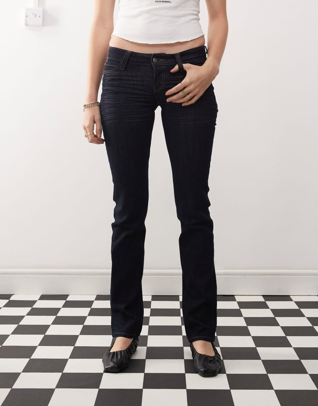 Cheap Monday Sleezie Straight leg low rise super stretch jeans in blue rinse wash - ASOS Sample Sale