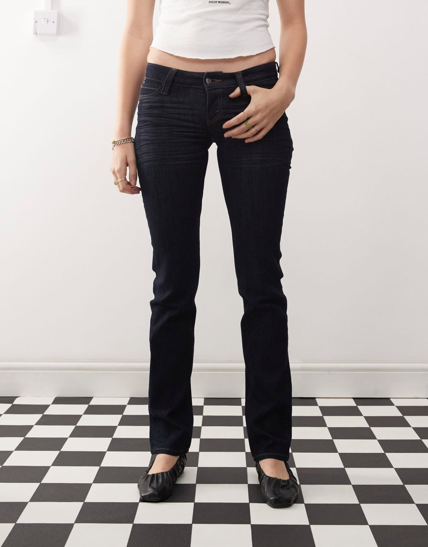 Cheap Monday Sleezie Straight leg low rise super stretch jeans in blue rinse wash - ASOS Sample Sale