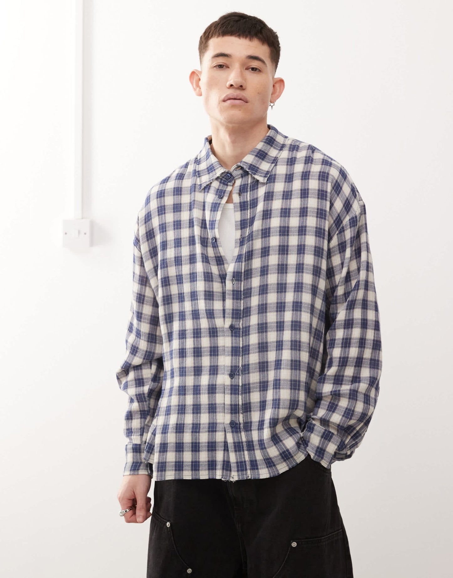 Cheap Monday x Landon Barker boxy fit check shirt in blue and yellow - ASOS Sample Sale