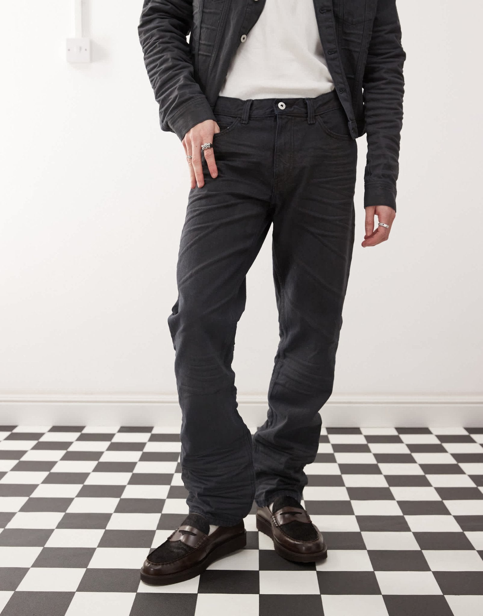 Cheap Monday x Landon Barker Issue slim leg rigid coated jeans in black - ASOS Sample Sale