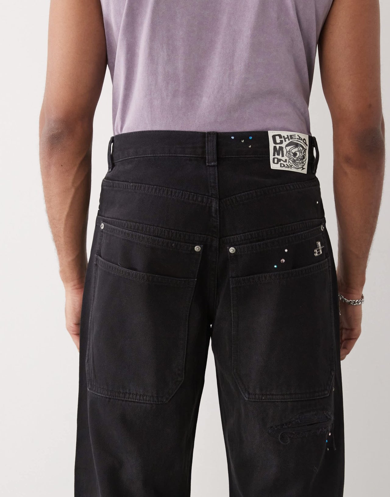 Cheap Monday x Landon Barker Looser baggy jeans with Swarovski embellishment and rips in black - ASOS Sample Sale