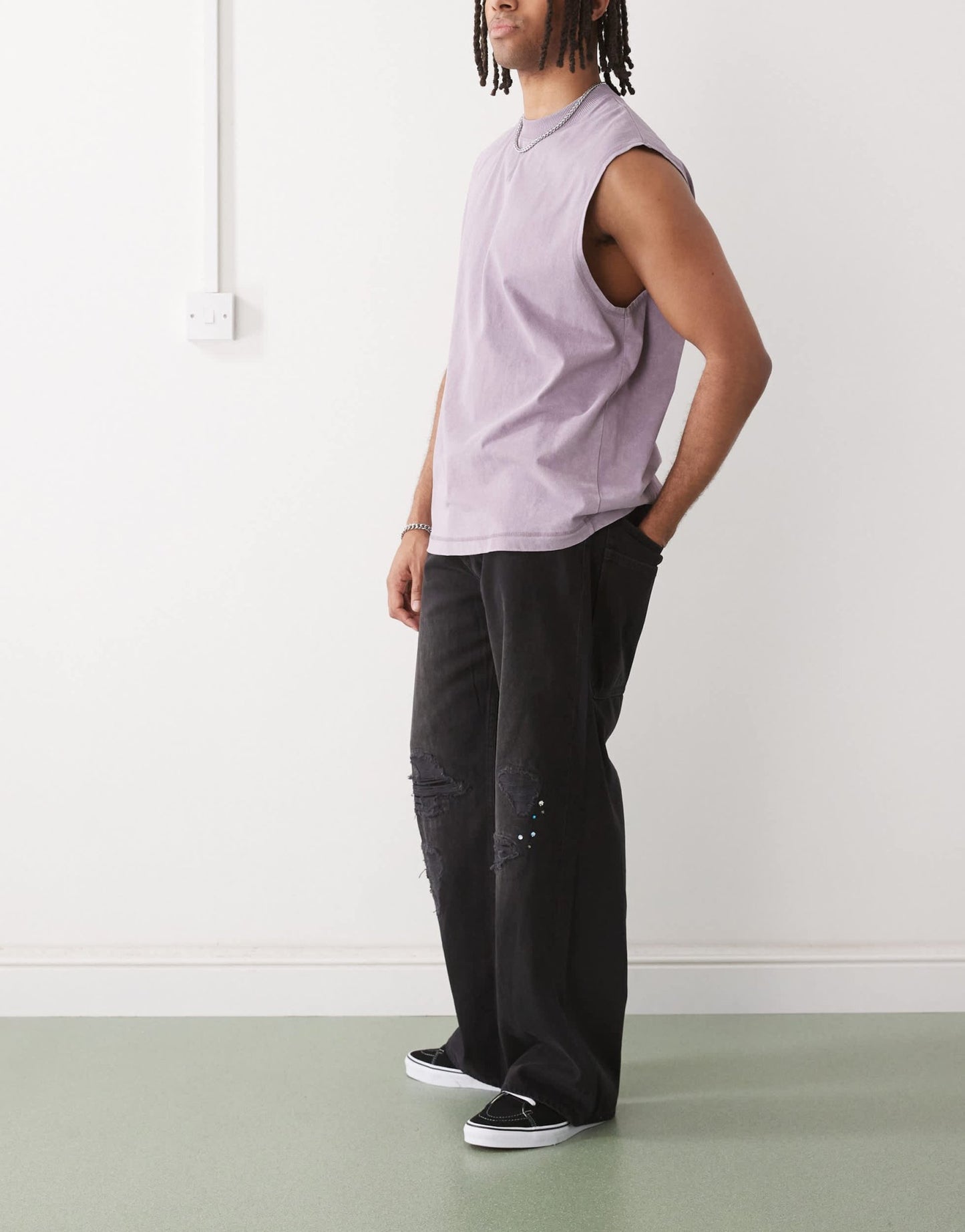 Cheap Monday x Landon Barker Looser baggy jeans with Swarovski embellishment and rips in black - ASOS Sample Sale