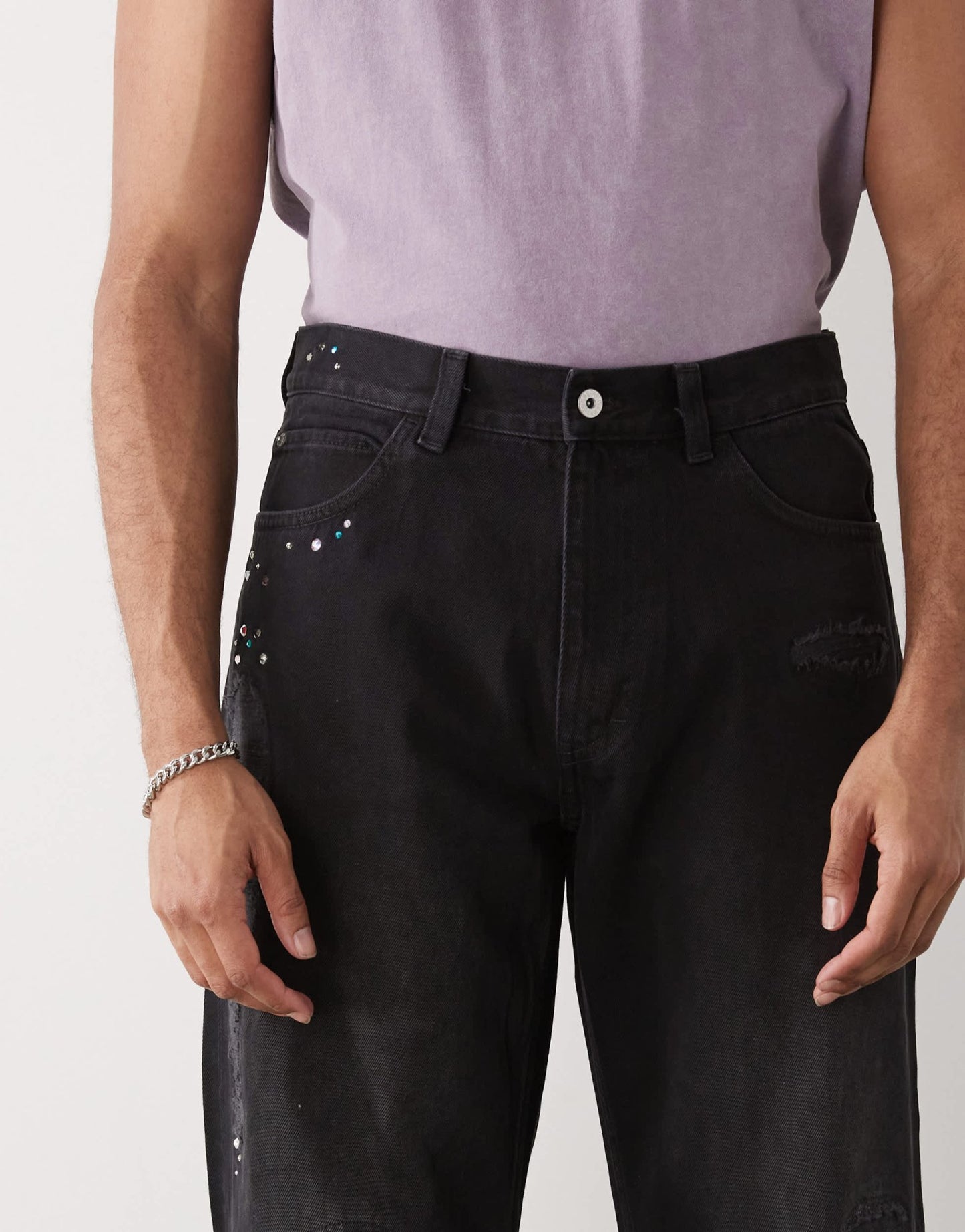Cheap Monday x Landon Barker Looser baggy jeans with Swarovski embellishment and rips in black - ASOS Sample Sale