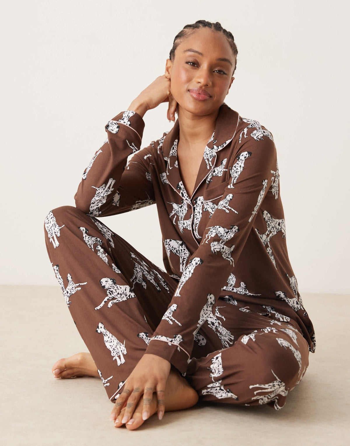 Chelsea Peers Exclusive Tall Dalmation long sleeve revere & trouser pyjama set in chocolate brown - ASOS Sample Sale