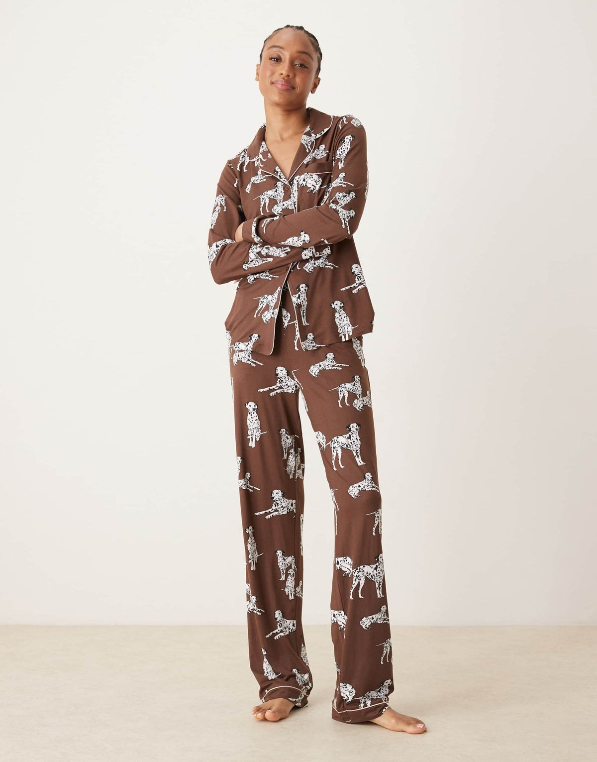 Chelsea Peers Exclusive Tall Dalmation long sleeve revere & trouser pyjama set in chocolate brown - ASOS Sample Sale
