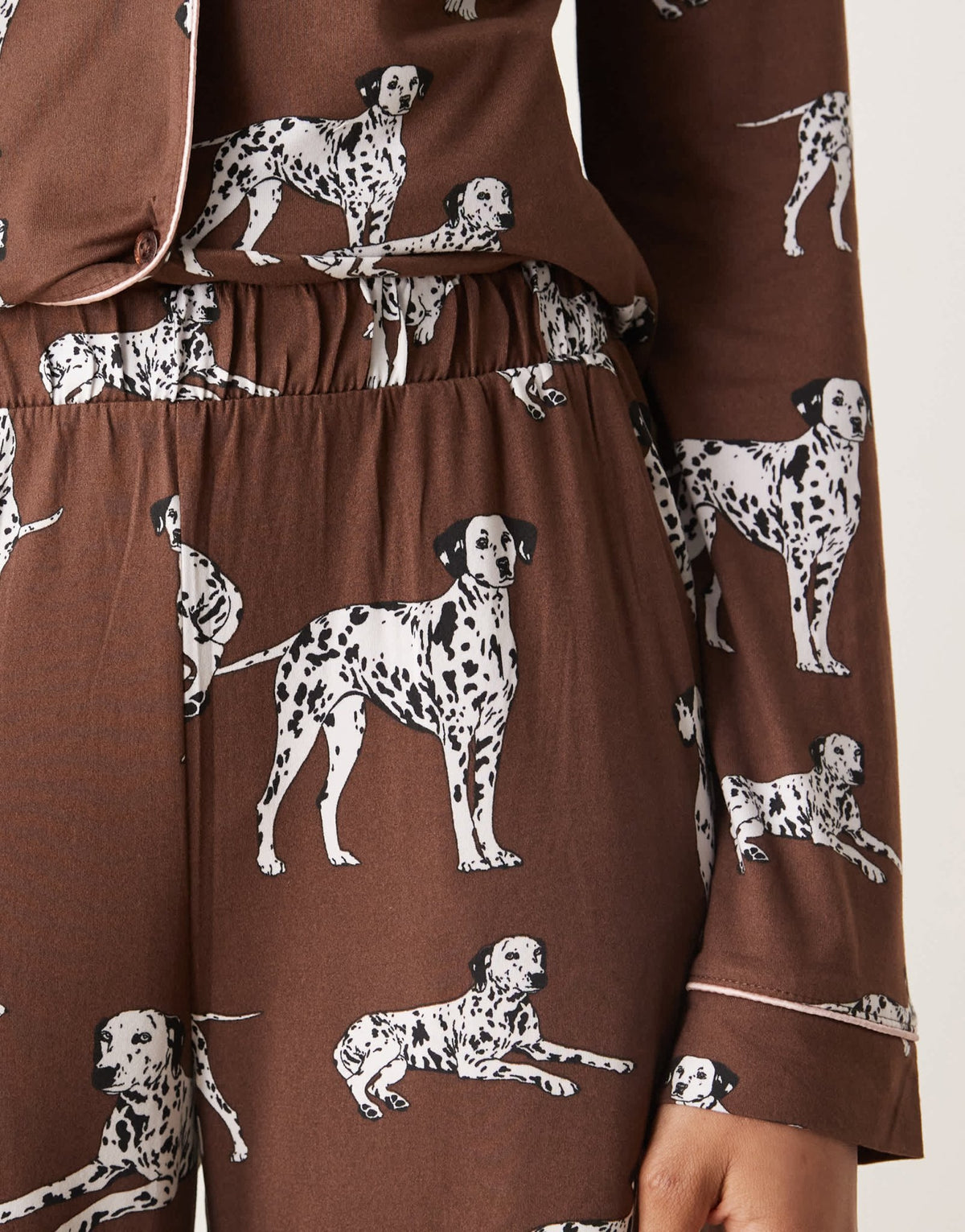 Chelsea Peers Exclusive Tall Dalmation long sleeve revere & trouser pyjama set in chocolate brown - ASOS Sample Sale