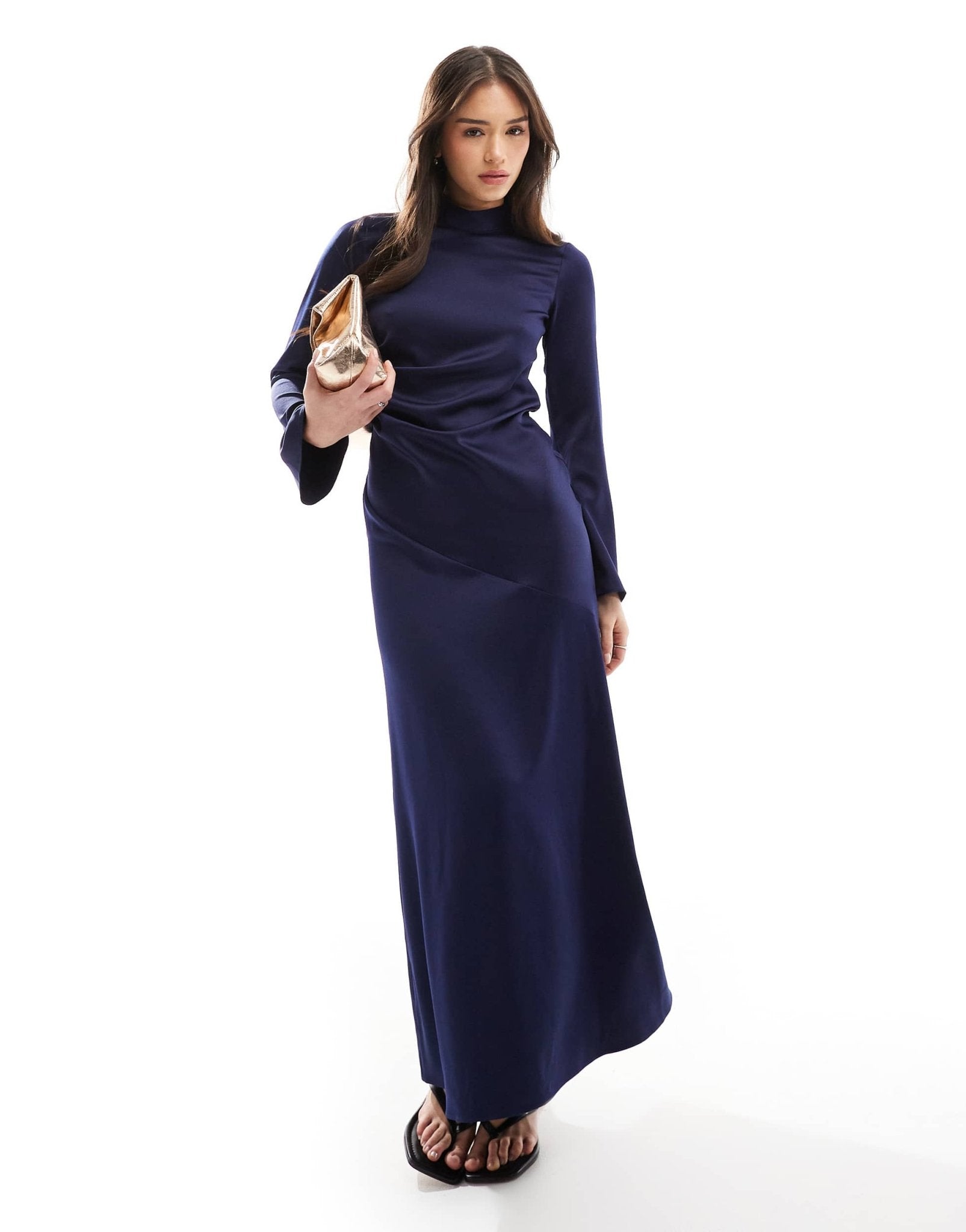 Closet London long sleeve satin drape maxi dress in navy - ASOS Sample Sale