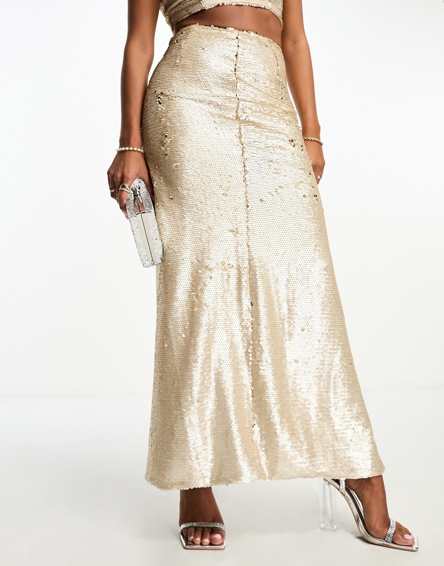 Collective the Label Petite exclusive embellished maxi skirt co-ord in champagne - ASOS Sample Sale