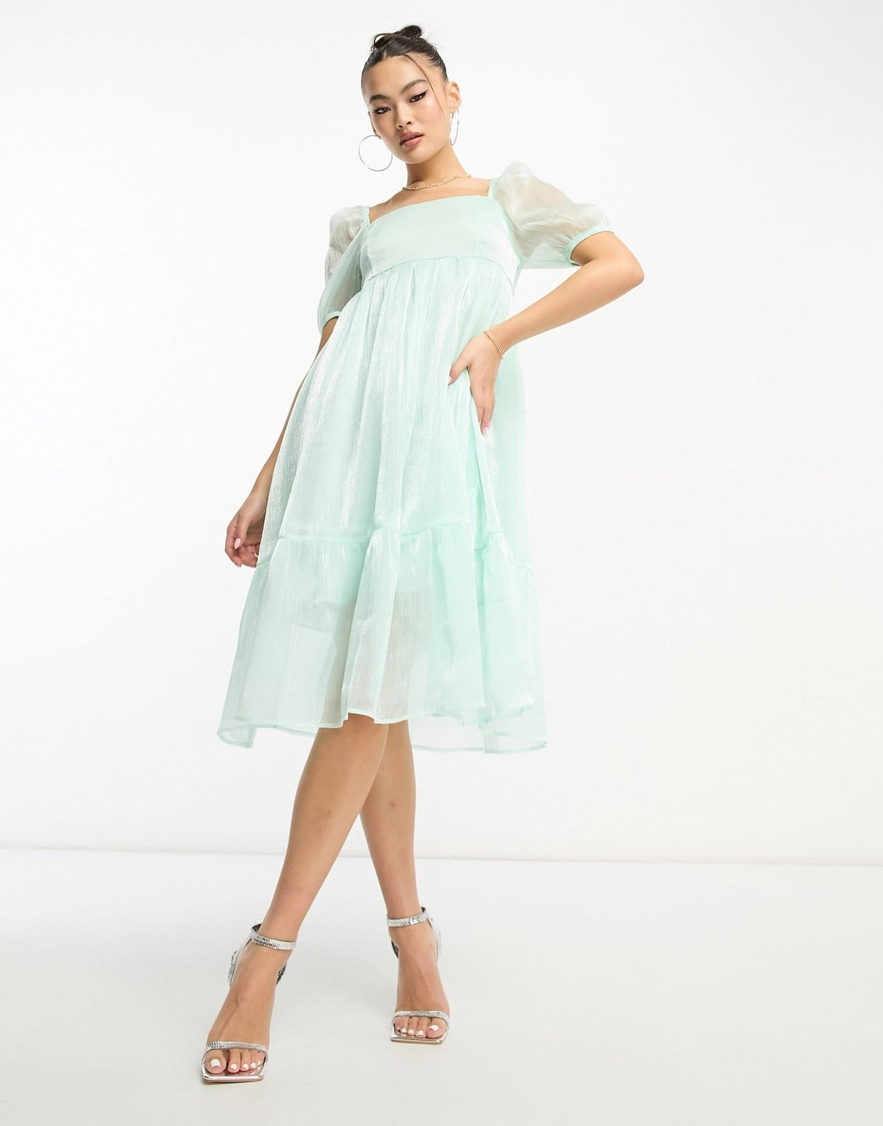 Collective the Label Petite puff sleeve midi dress in sage organza - ASOS Sample Sale