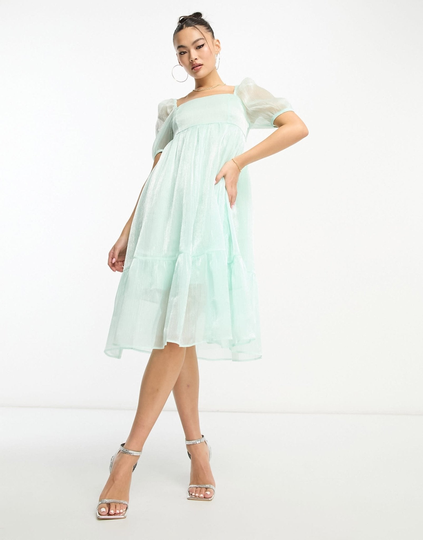 Collective the Label Petite puff sleeve midi dress in sage organza - ASOS Sample Sale