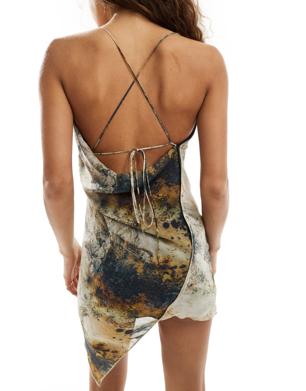 COLLUSION asymmetric high neck mini dress with lace up back in abstract print - ASOS Sample Sale