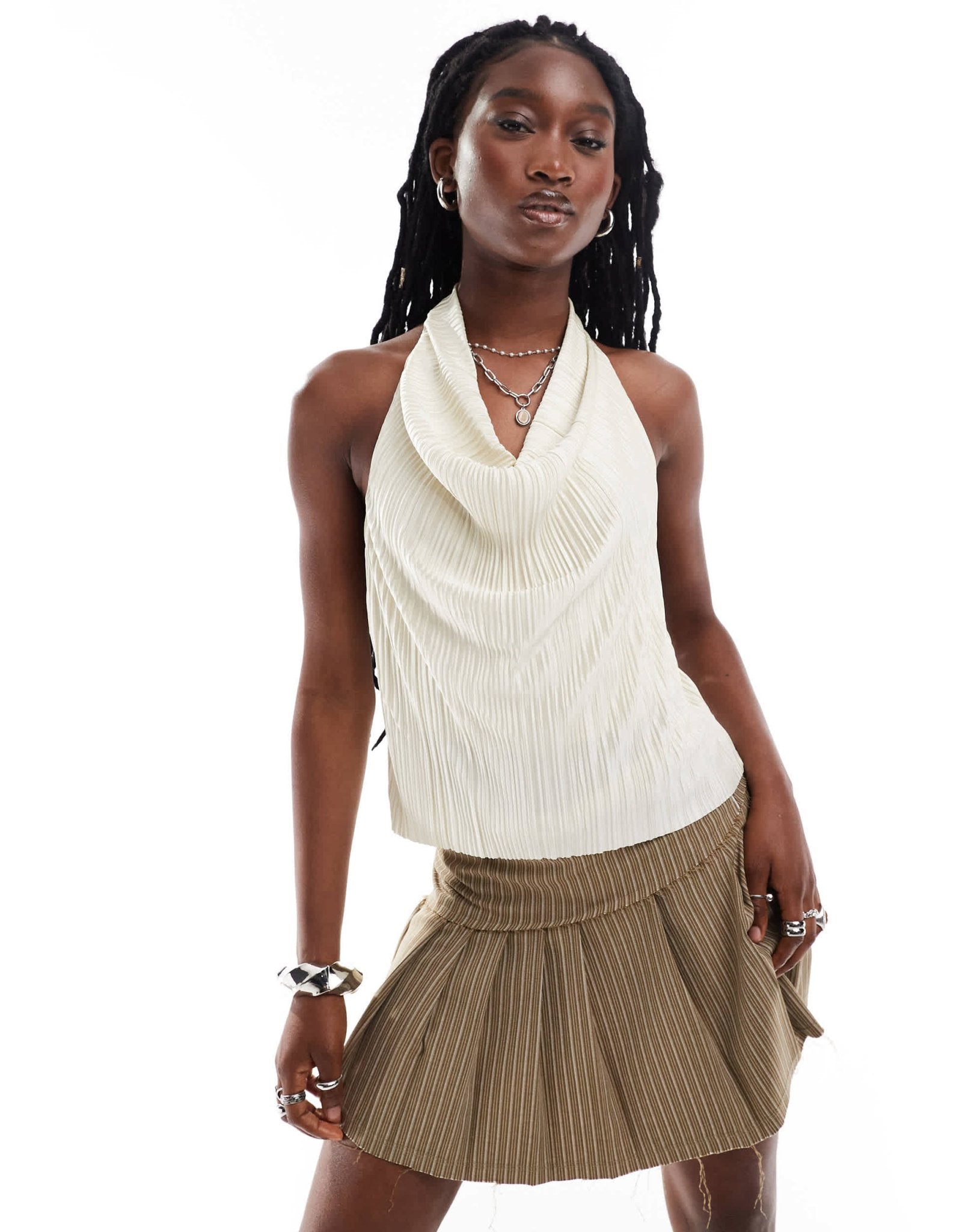 COLLUSION backless halter top in cream plisse - ASOS Sample Sale