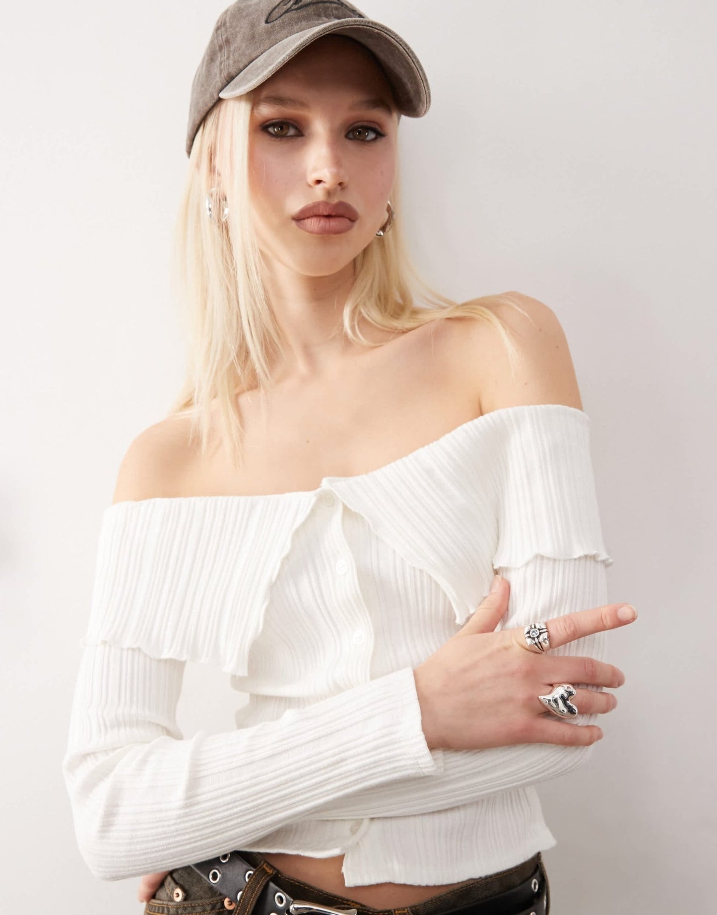 COLLUSION bardot top with button detailing on cream - ASOS Sample Sale