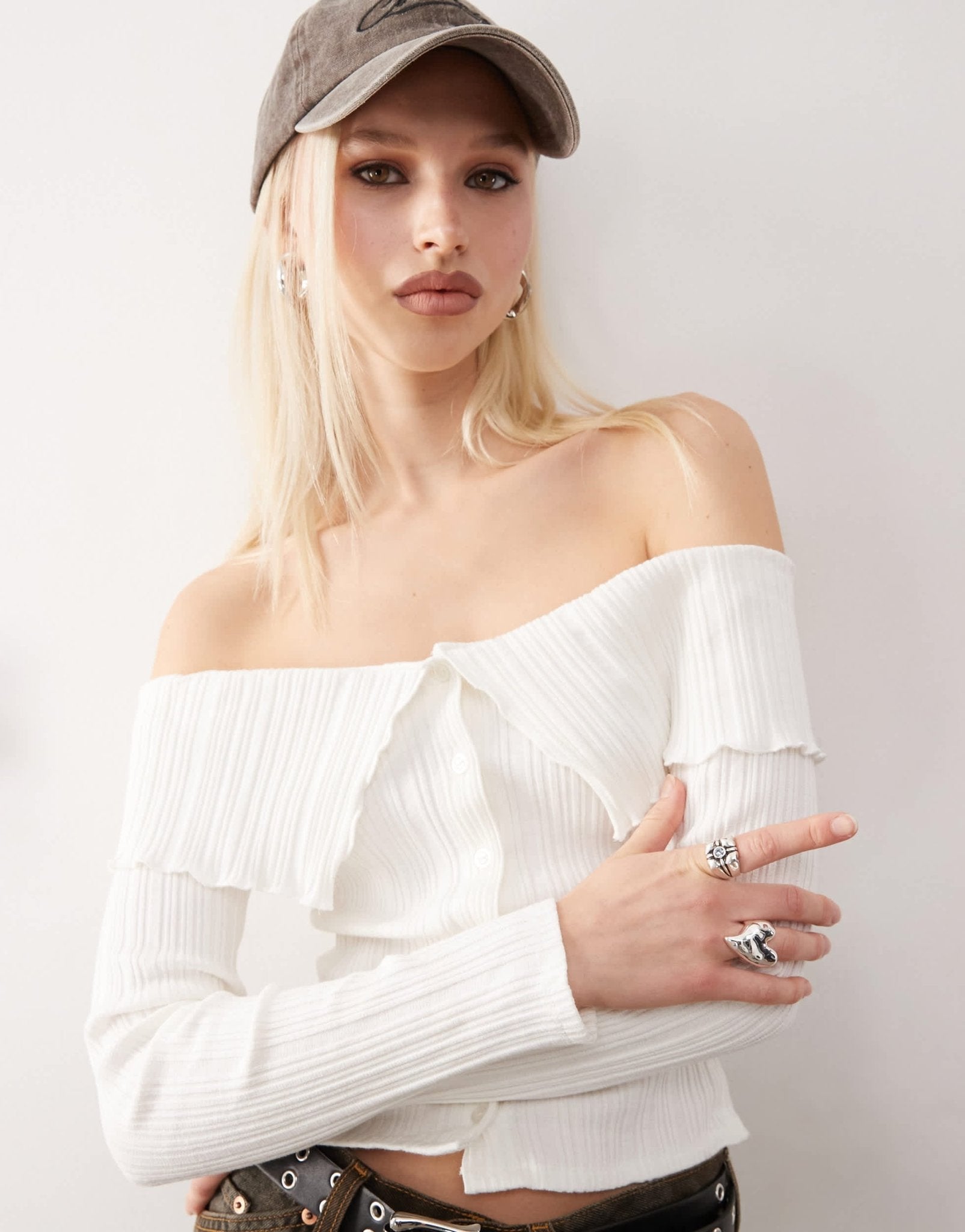 COLLUSION bardot top with button detailing on cream - ASOS Sample Sale