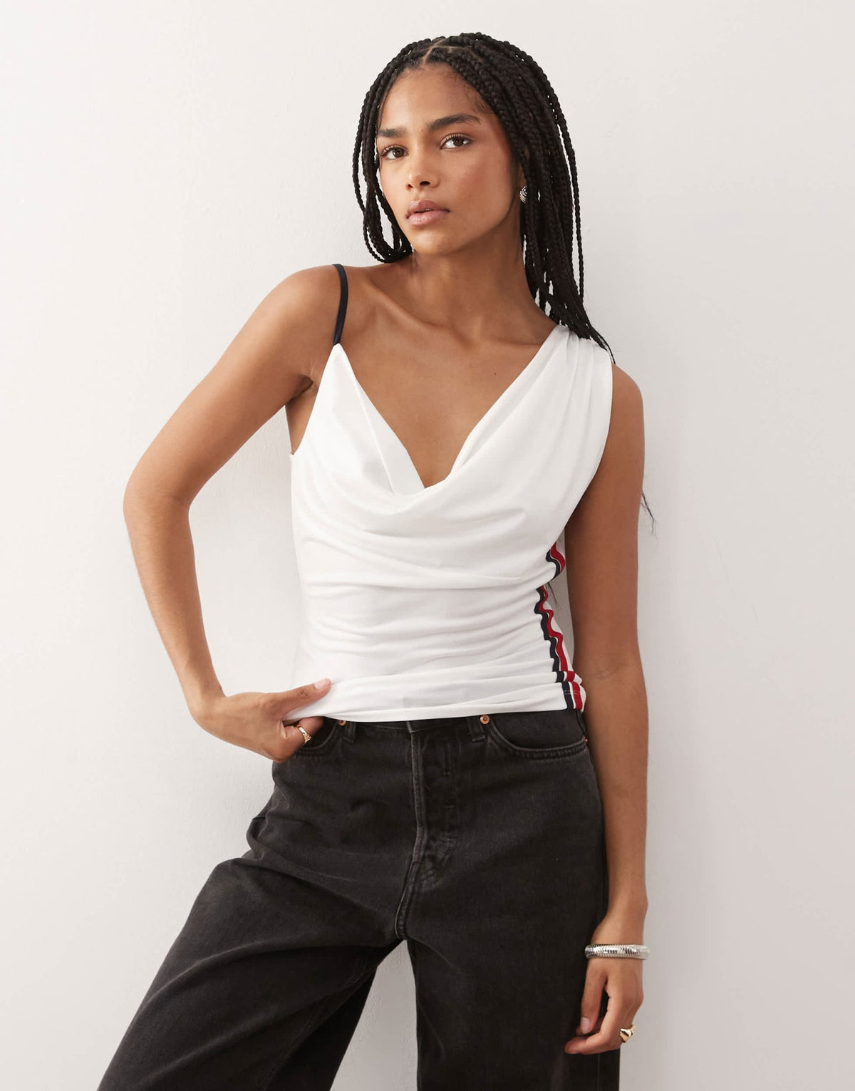 COLLUSION cowl neck cami with sporty stripe detail in white - ASOS Sample Sale
