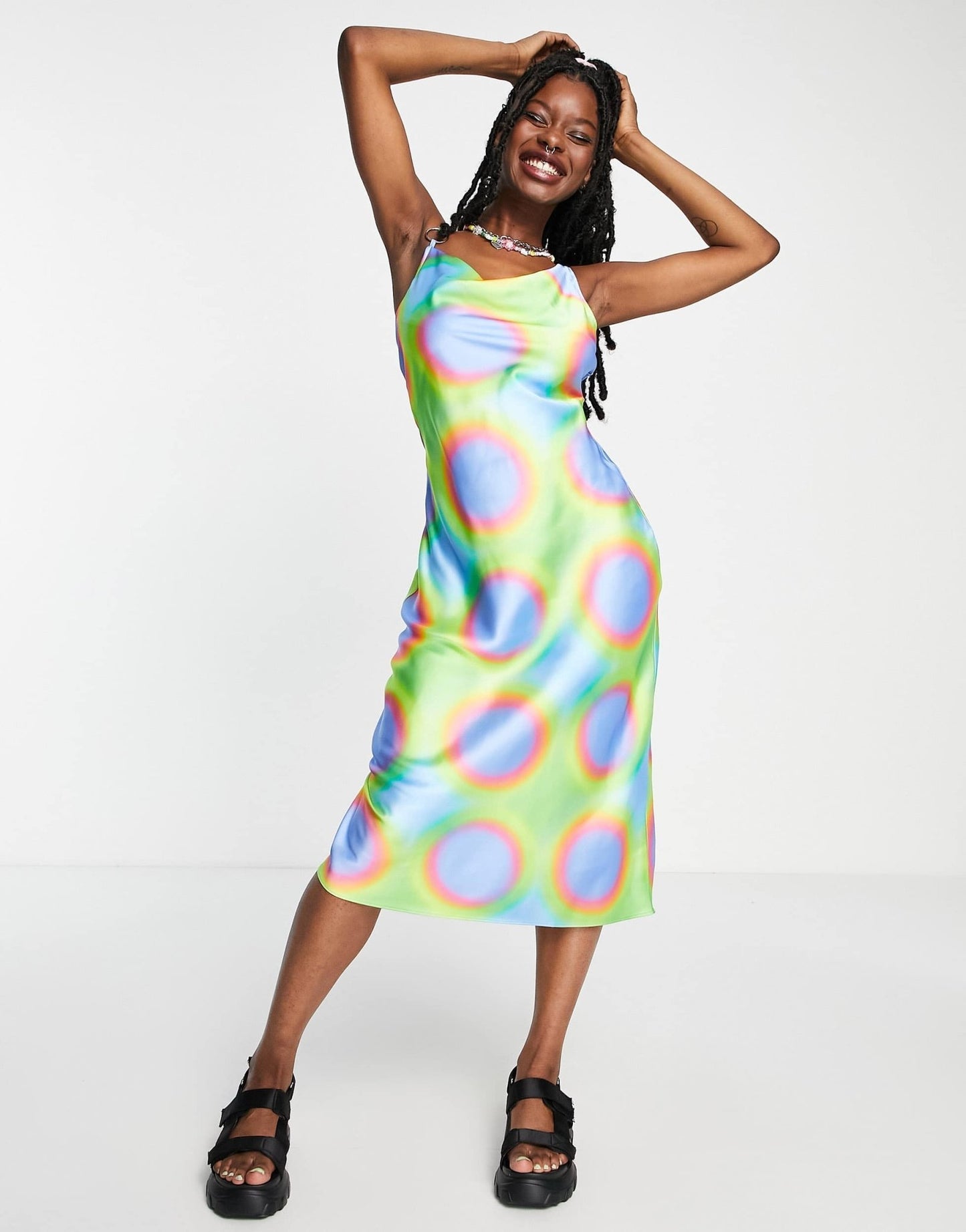 COLLUSION cowl neck metal ring detail printed satin maxi slip dress in multi - ASOS Sample Sale