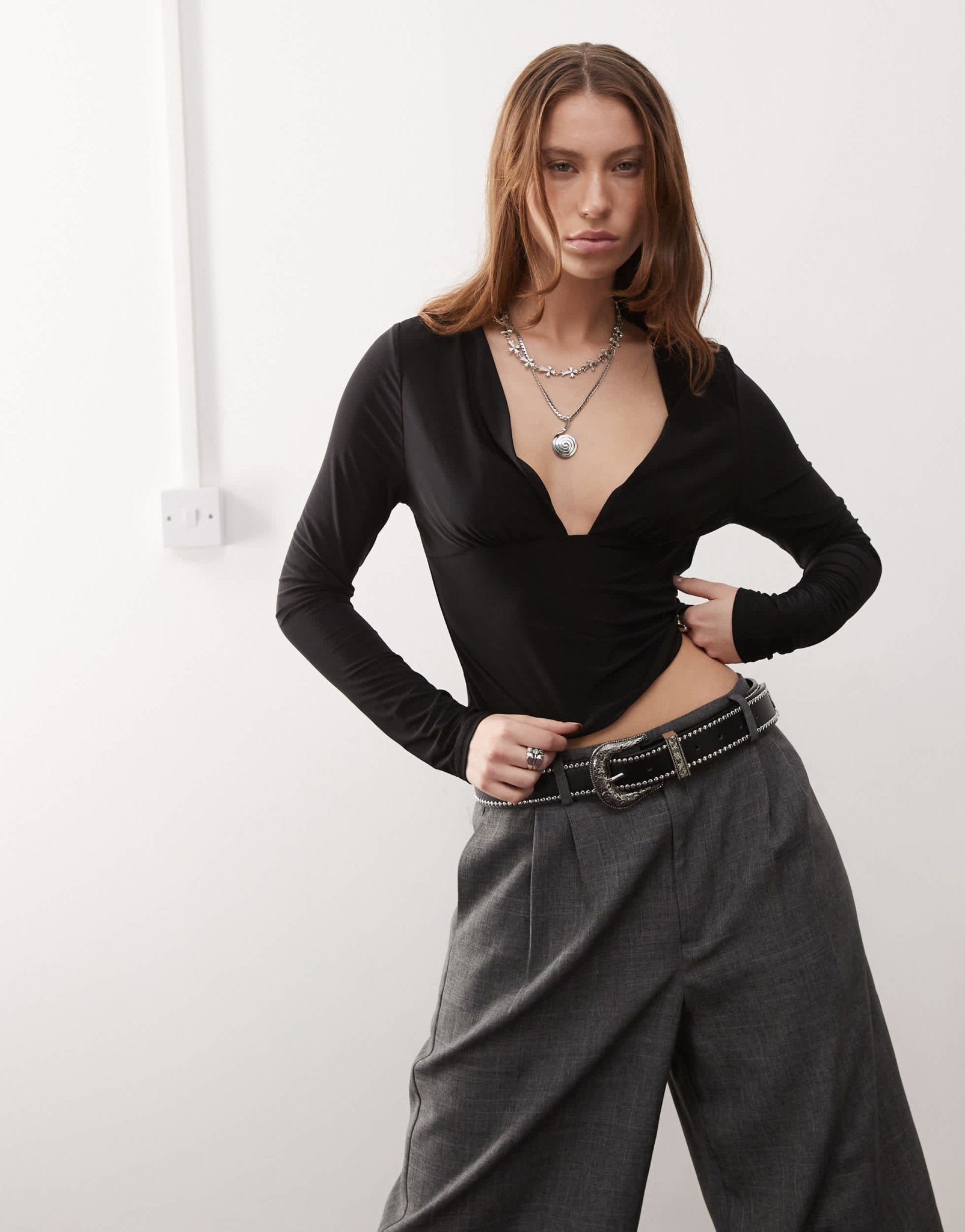 COLLUSION deep v long sleeve second skin top black - ASOS Sample Sale