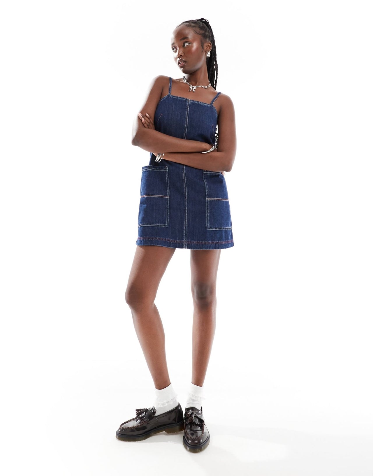 COLLUSION denim a line cami dress with contrast stitch in rinsewash - ASOS Sample Sale