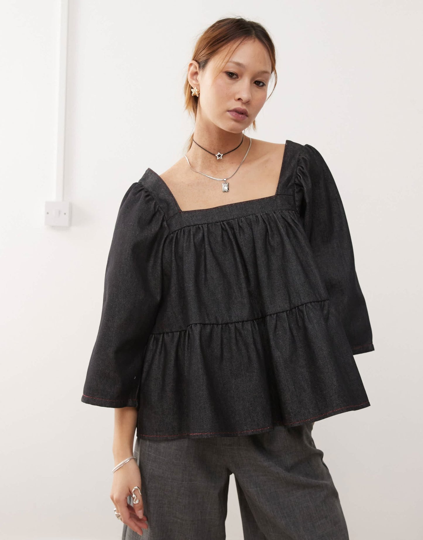 COLLUSION denim balloon sleeve peplum top in rinse wash - ASOS Sample Sale