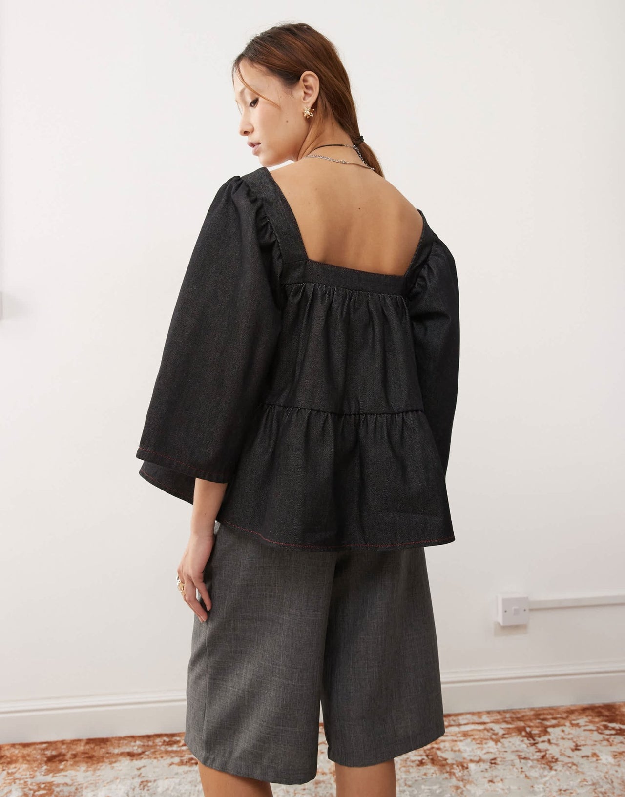 COLLUSION denim balloon sleeve peplum top in rinse wash - ASOS Sample Sale