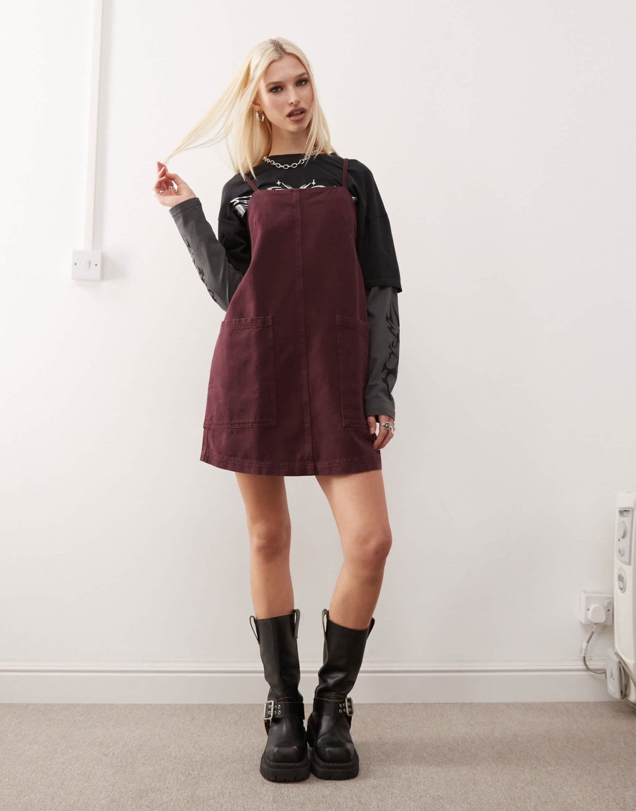 COLLUSION denim pinny dress in burgundy - ASOS Sample Sale
