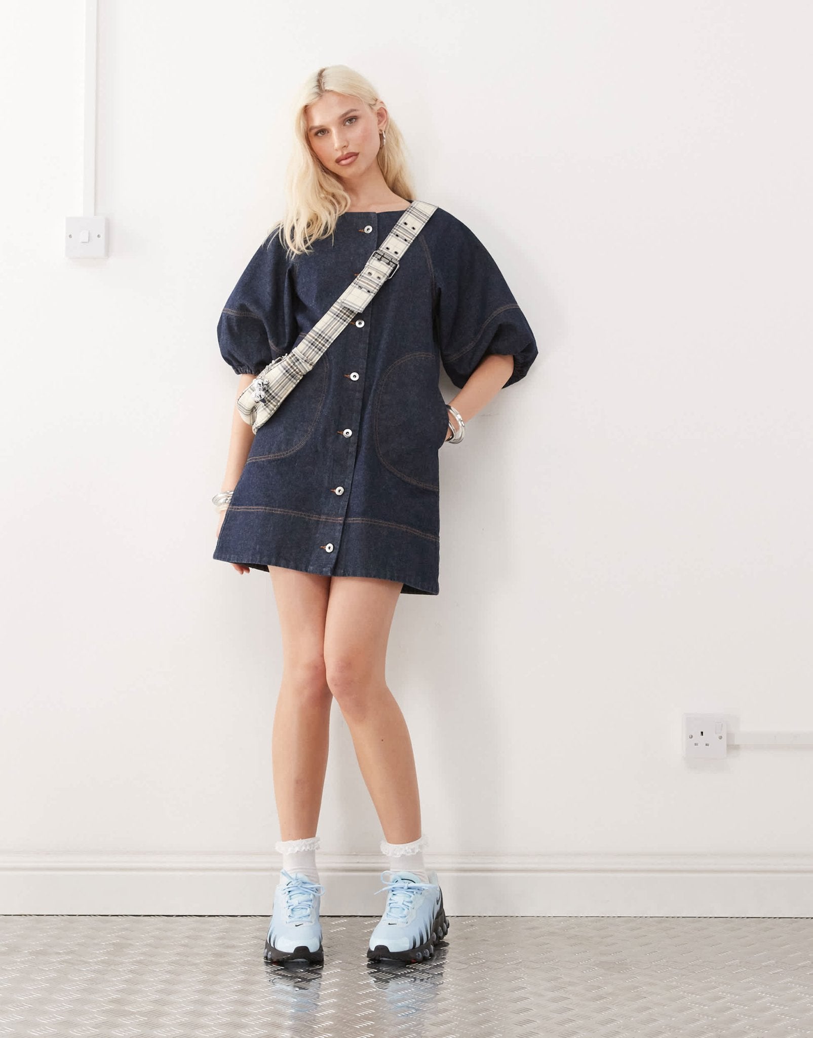 COLLUSION denim shirt dress with puff sleeves in rinse wash - ASOS Sample Sale