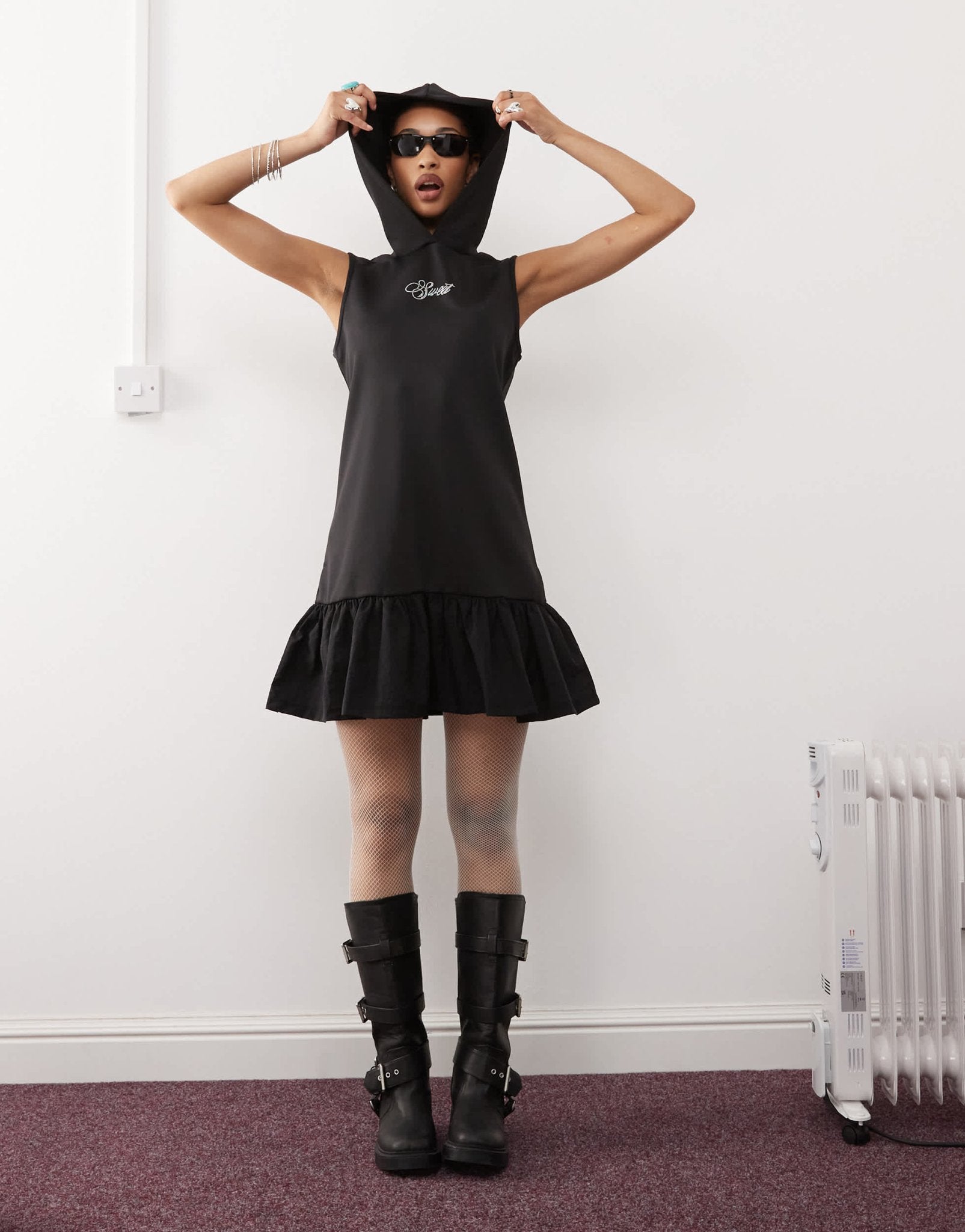 COLLUSION drop waist bodycon volume skirt mini hooded dress with hotfix - ASOS Sample Sale