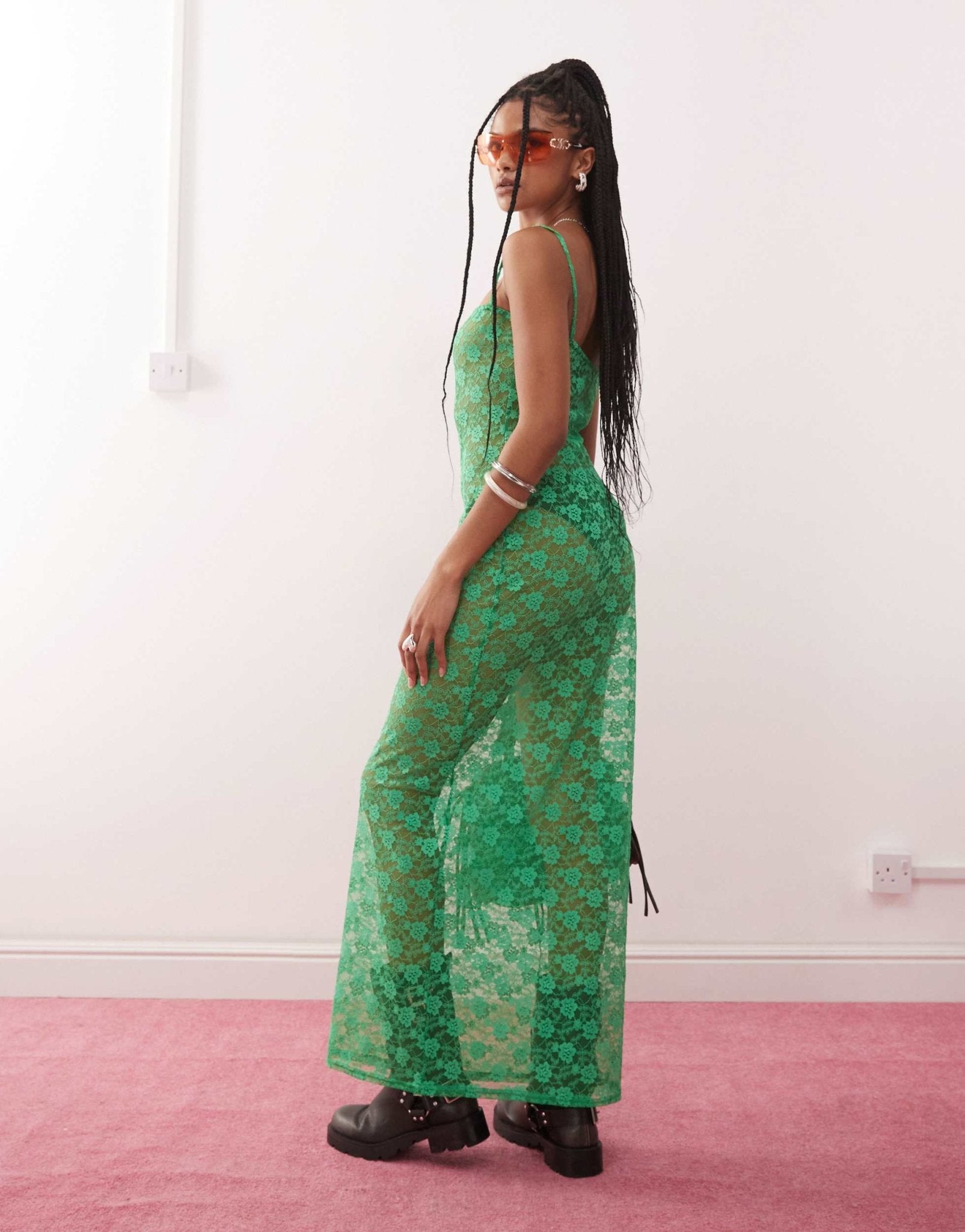 COLLUSION fitted square neck sheer lace maxi dress in green - ASOS Sample Sale