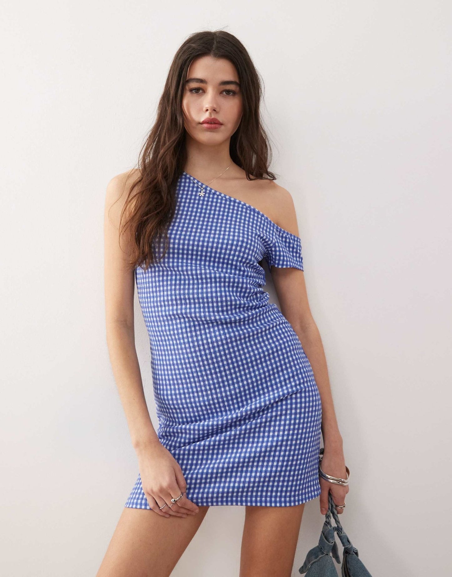 COLLUSION gingham off shoulder mini dress in blue - ASOS Sample Sale