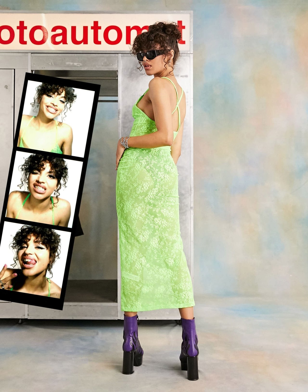 COLLUSION lace midi slip dress in lime - ASOS Sample Sale