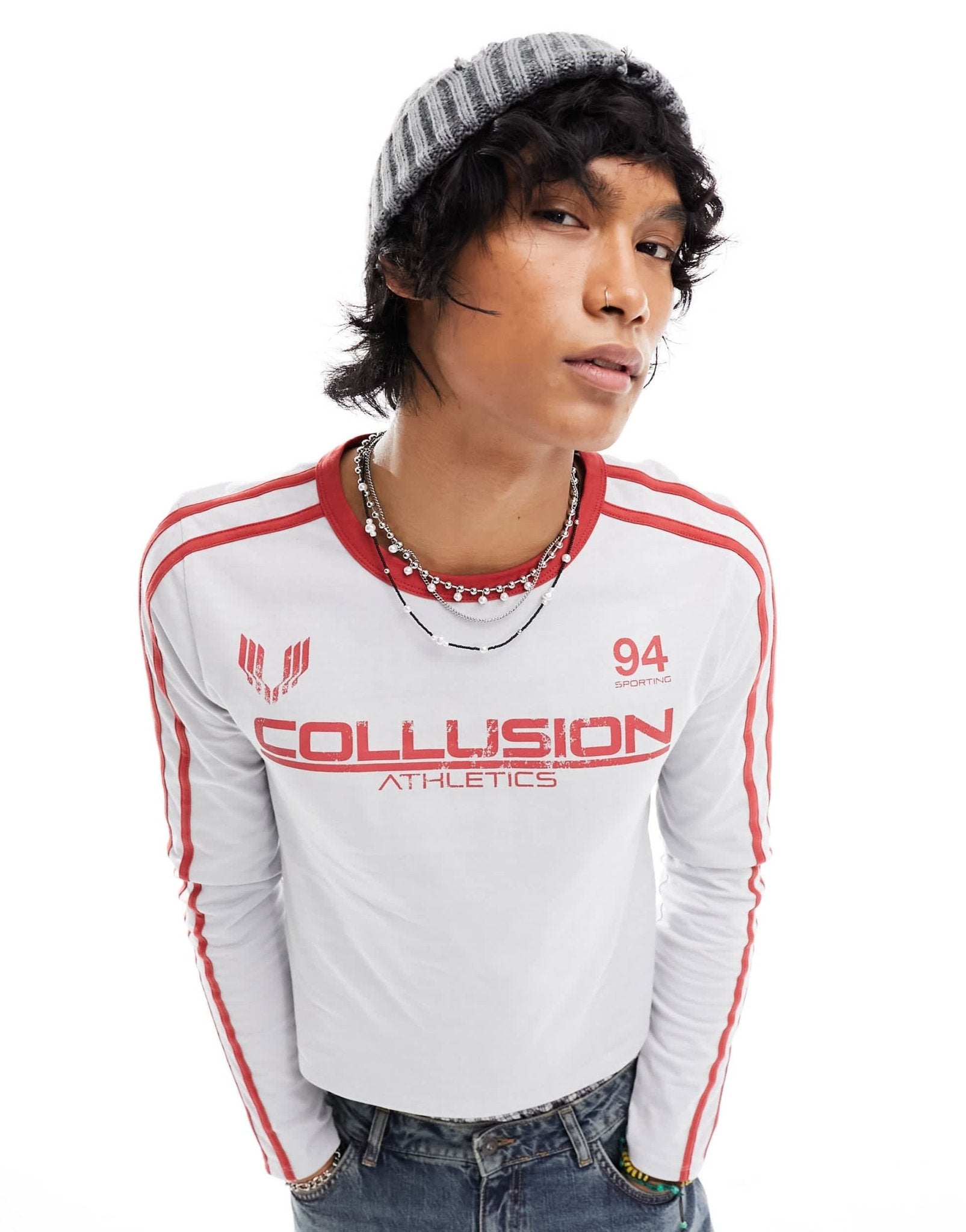 COLLUSION long sleeve logo slim fit football athletic t-shirt in grey - ASOS Sample Sale
