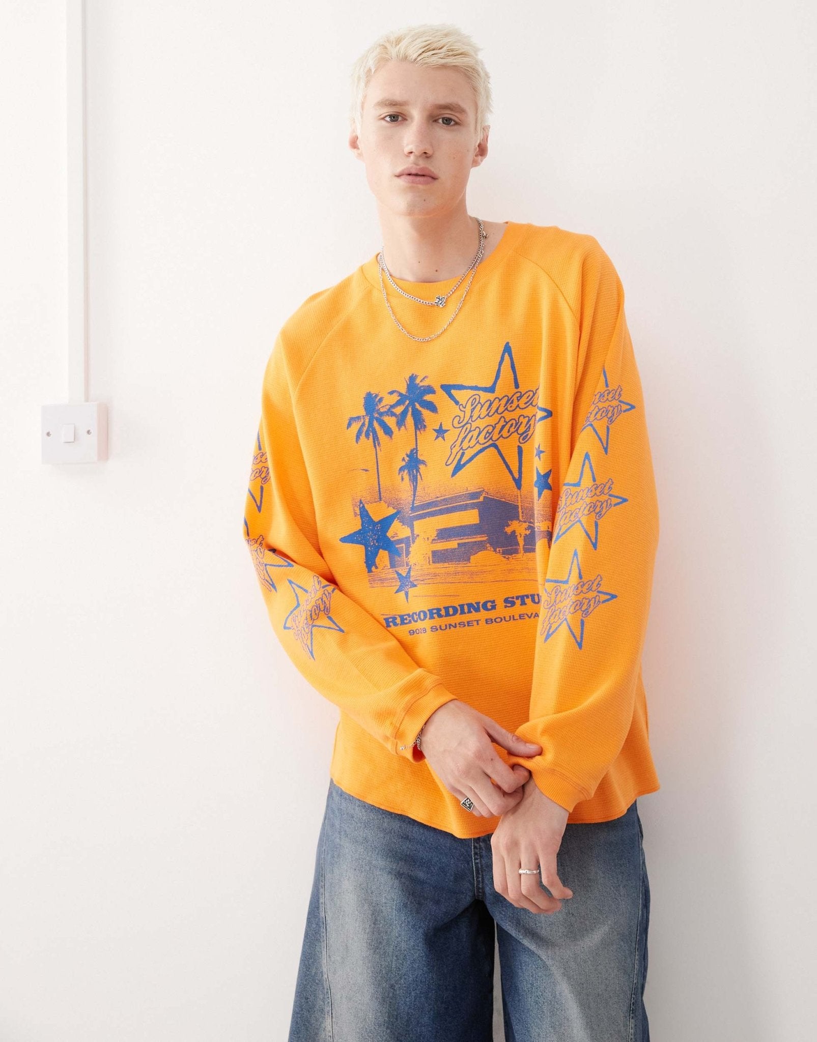 COLLUSION Long sleeve skater fit t-shirt in orange with blue print - ASOS Sample Sale