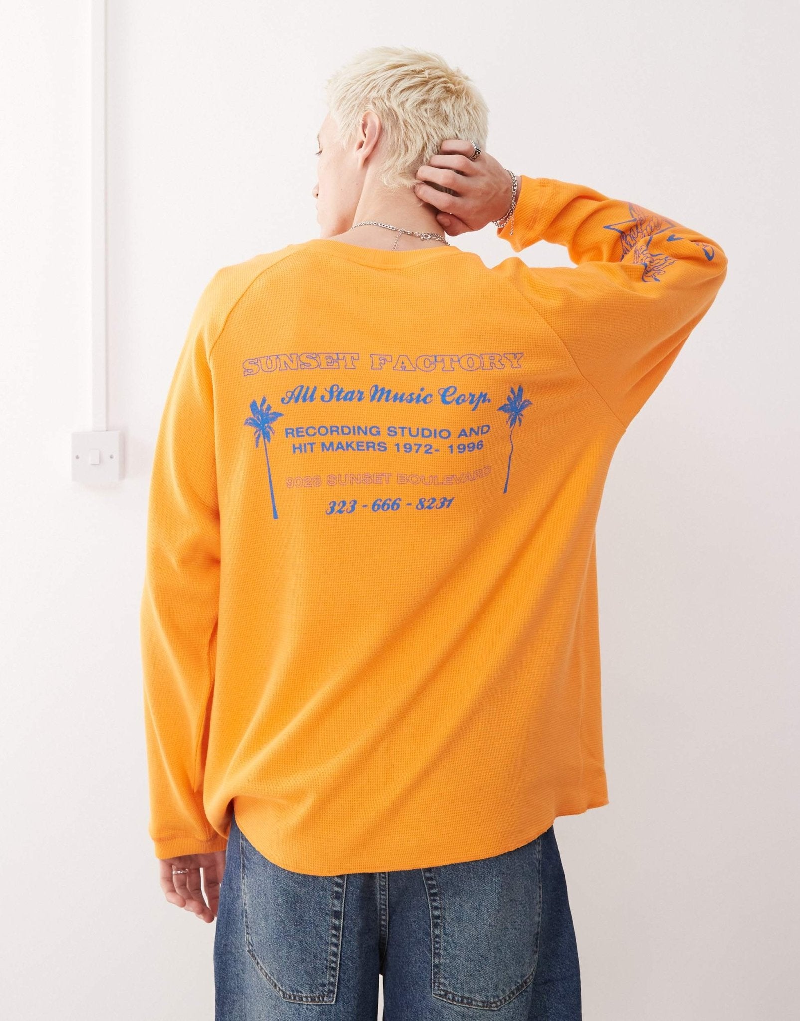 COLLUSION Long sleeve skater fit t-shirt in orange with blue print - ASOS Sample Sale