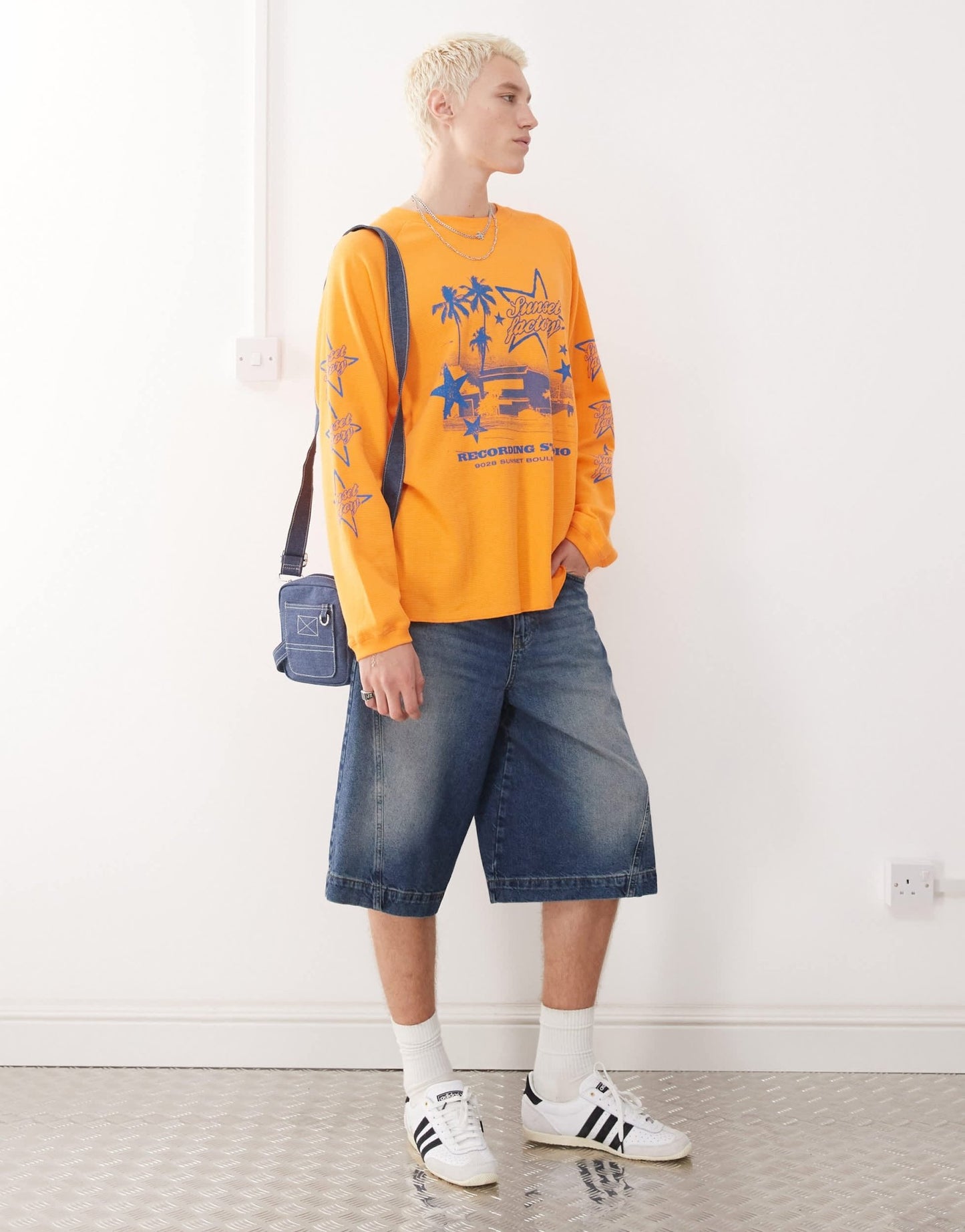 COLLUSION Long sleeve skater fit t-shirt in orange with blue print - ASOS Sample Sale