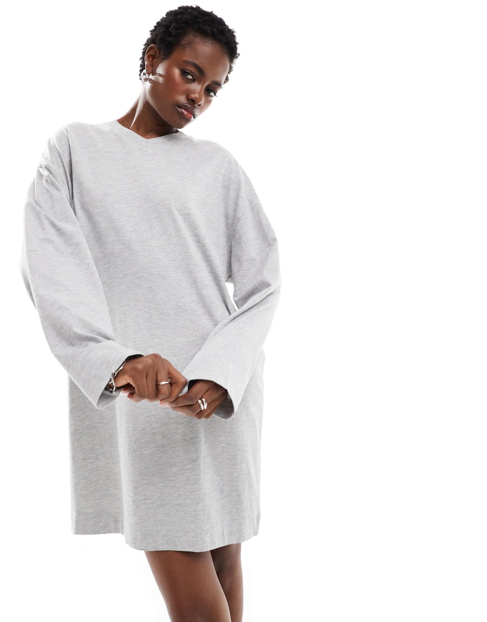 COLLUSION long sleeve v - neck t-shirt dress in grey marl - ASOS Sample Sale