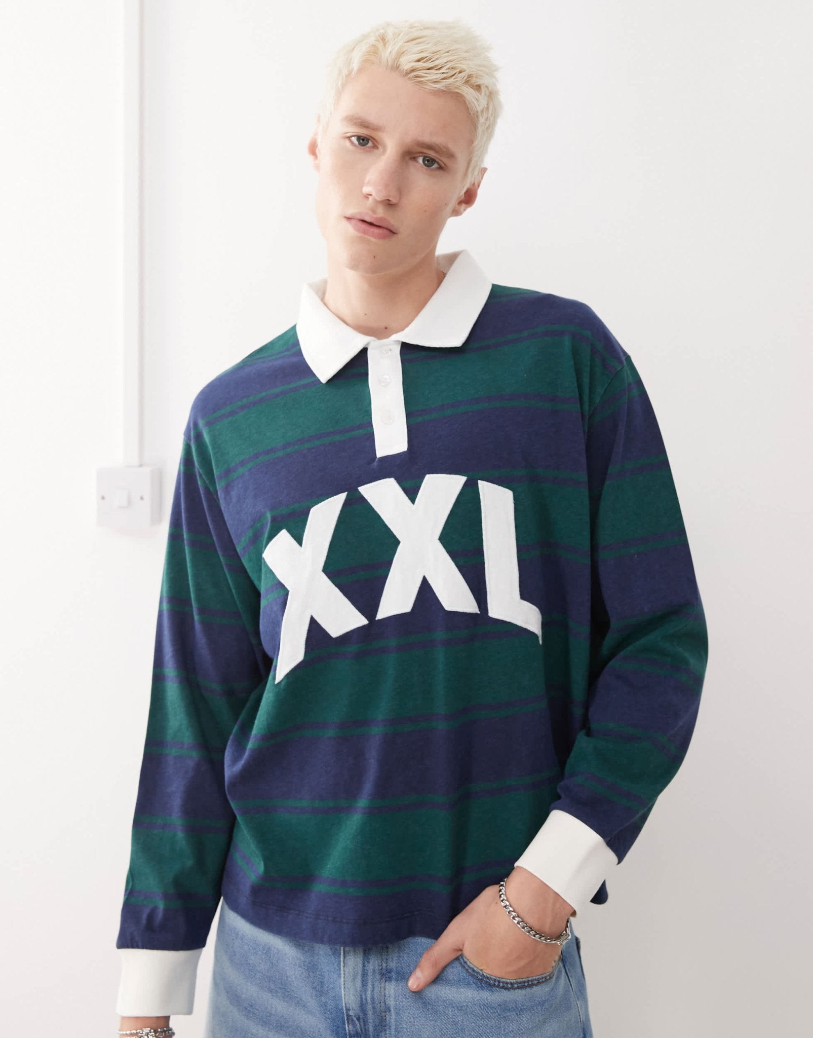 COLLUSION long sleeve XXL embroidered stripe polo in multi - ASOS Sample Sale