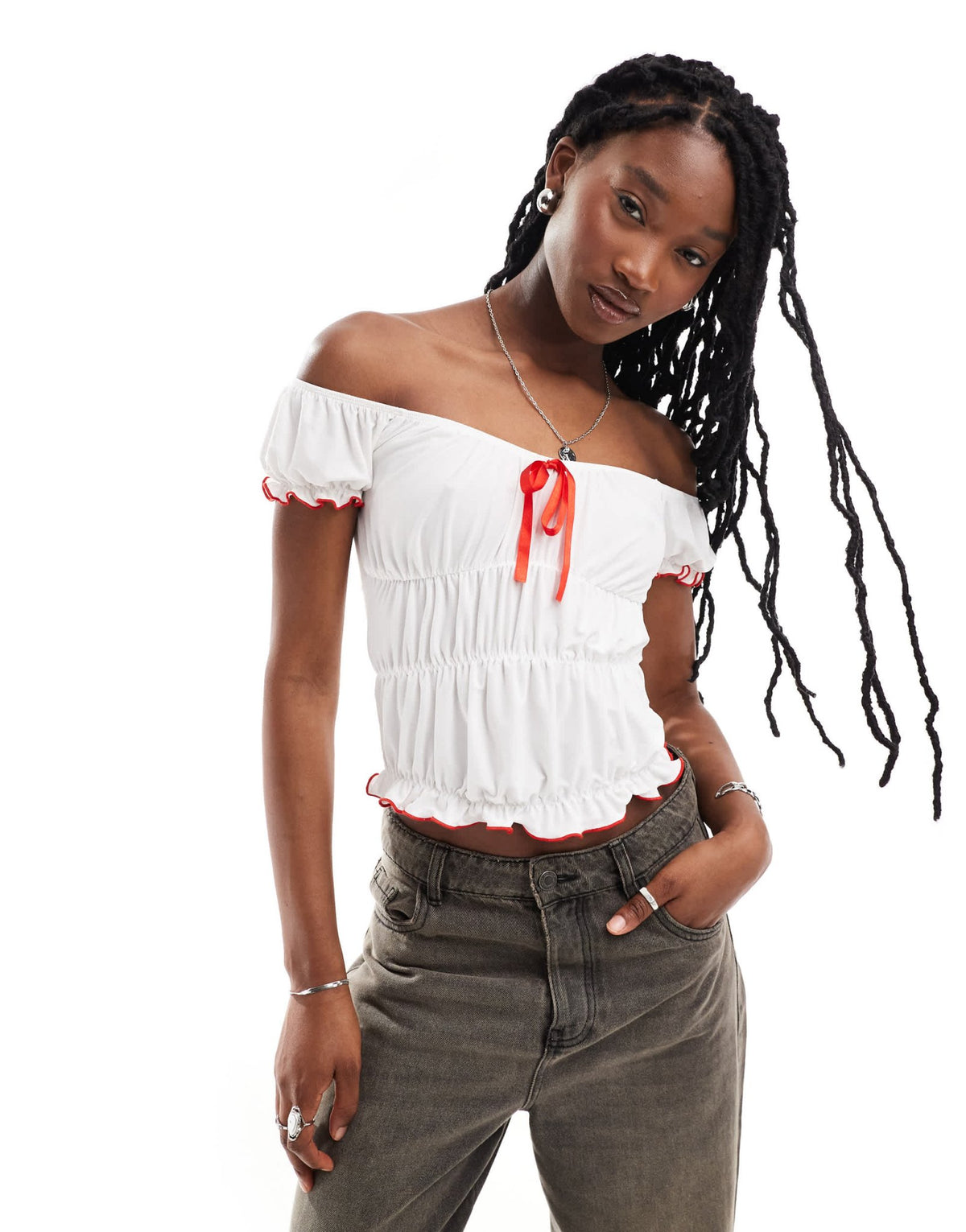 COLLUSION off shoulder gathered top with bow detail in cream - ASOS Sample Sale