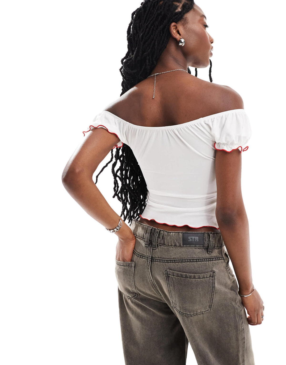 COLLUSION off shoulder gathered top with bow detail in cream - ASOS Sample Sale