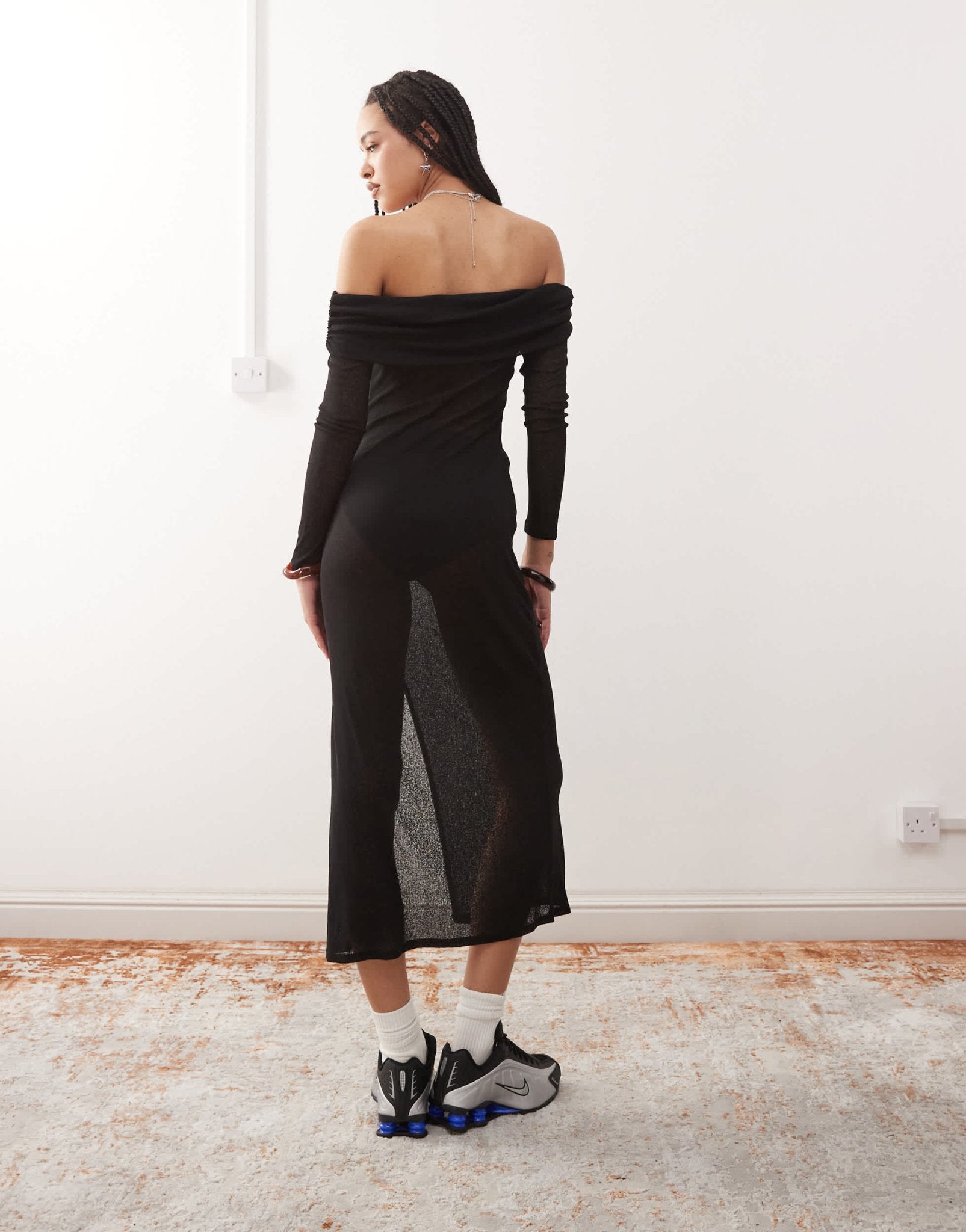 COLLUSION off shoulder sheer maxi dress in black - ASOS Sample Sale
