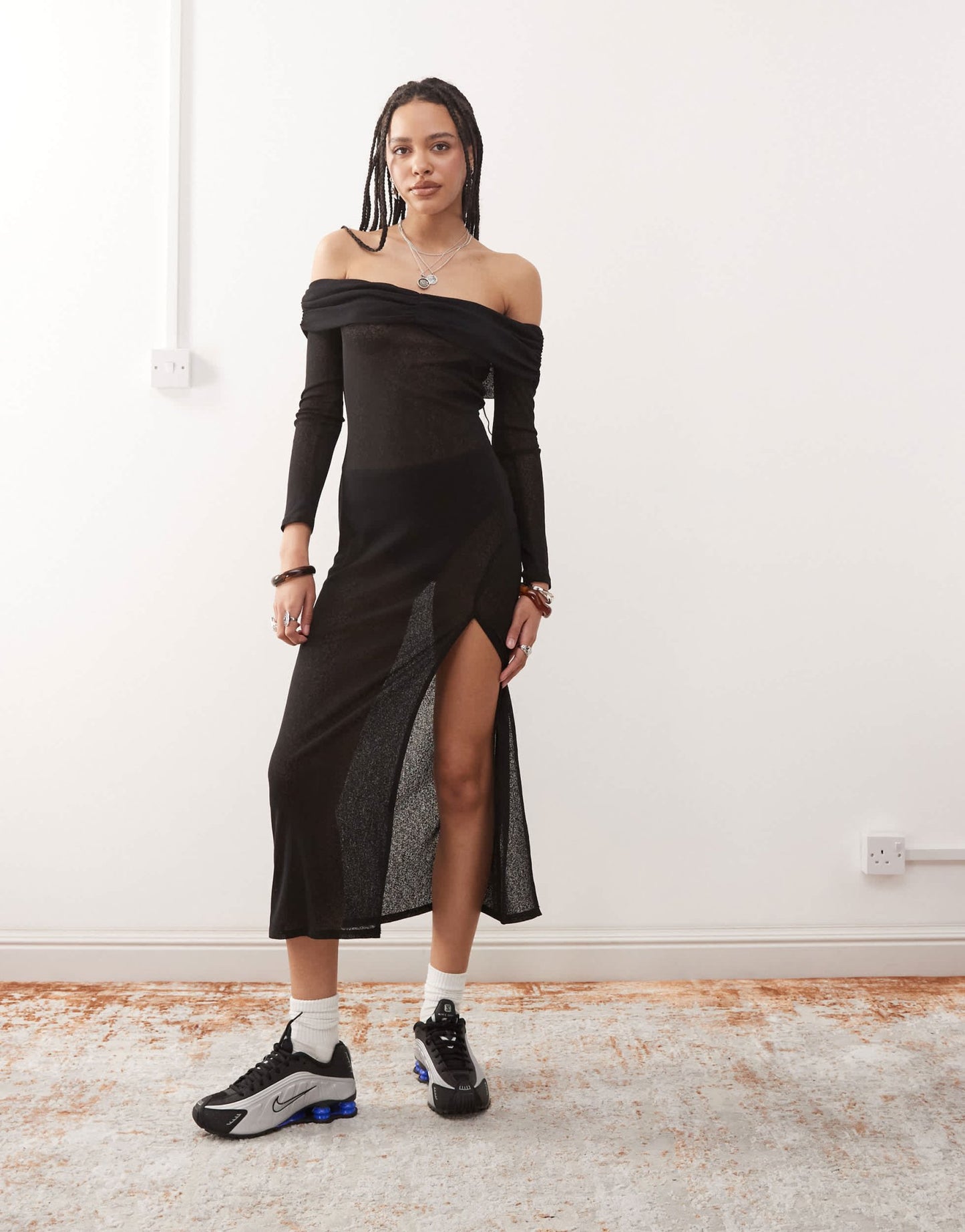 COLLUSION off shoulder sheer maxi dress in black - ASOS Sample Sale