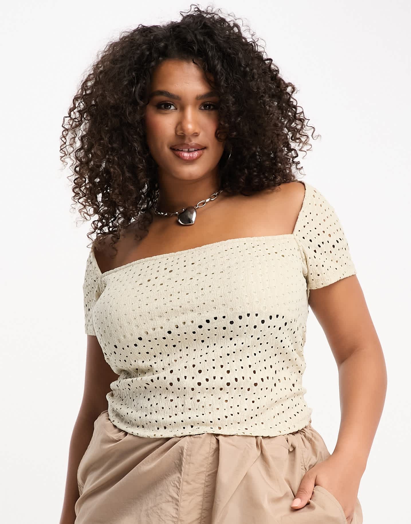 COLLUSION Plus textured square neck short sleeve top in stone - ASOS Sample Sale